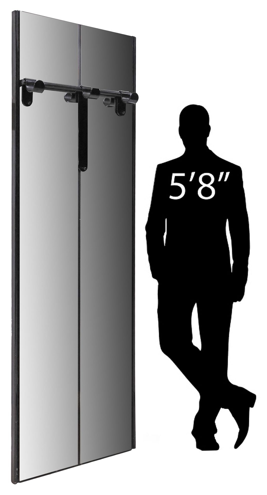 MODERN ITALIAN MIRRORED BLACK LACQUER WALL-MOUNTED HALL TREE, 88.5"H: Modern Italian wall-mounted hall tree, c.1970s, black lacquered frame encasing two flat mirror plates, with adjustable garment rod and three hooks, approx 88.5"h, 29.5"w, 6"d