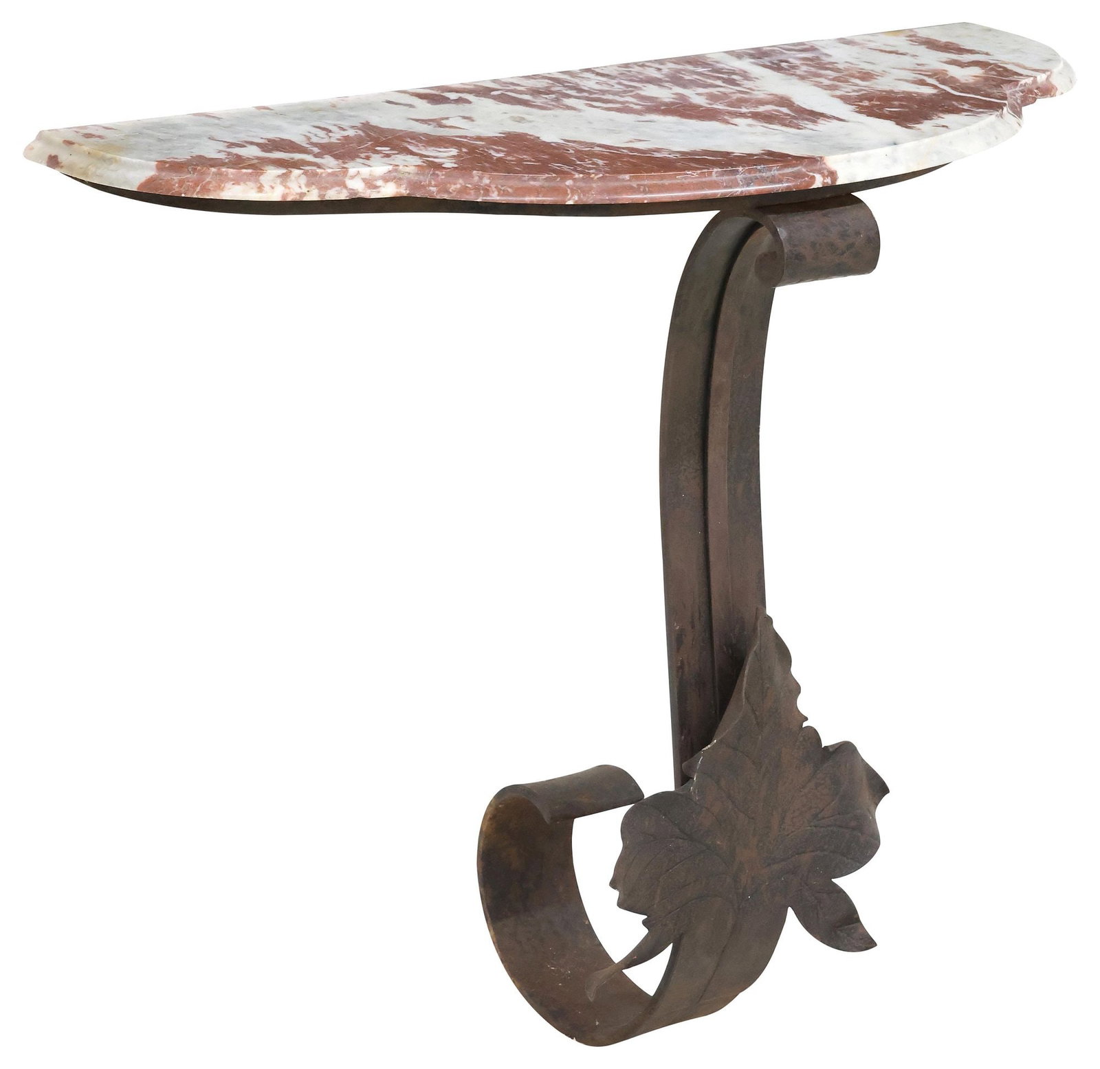 FRENCH MARBLE-TOP WROUGHT IRON OUTDOOR CONSOLE TABLE: French outdoor garden console table, 20th c., having shaped marble top, rising on scroll-form cast iron pedestal, with central leaf motif, approx 31.5"h, 39.5"w, 15 5/8"d **PLEASE NOTE: All of the cas