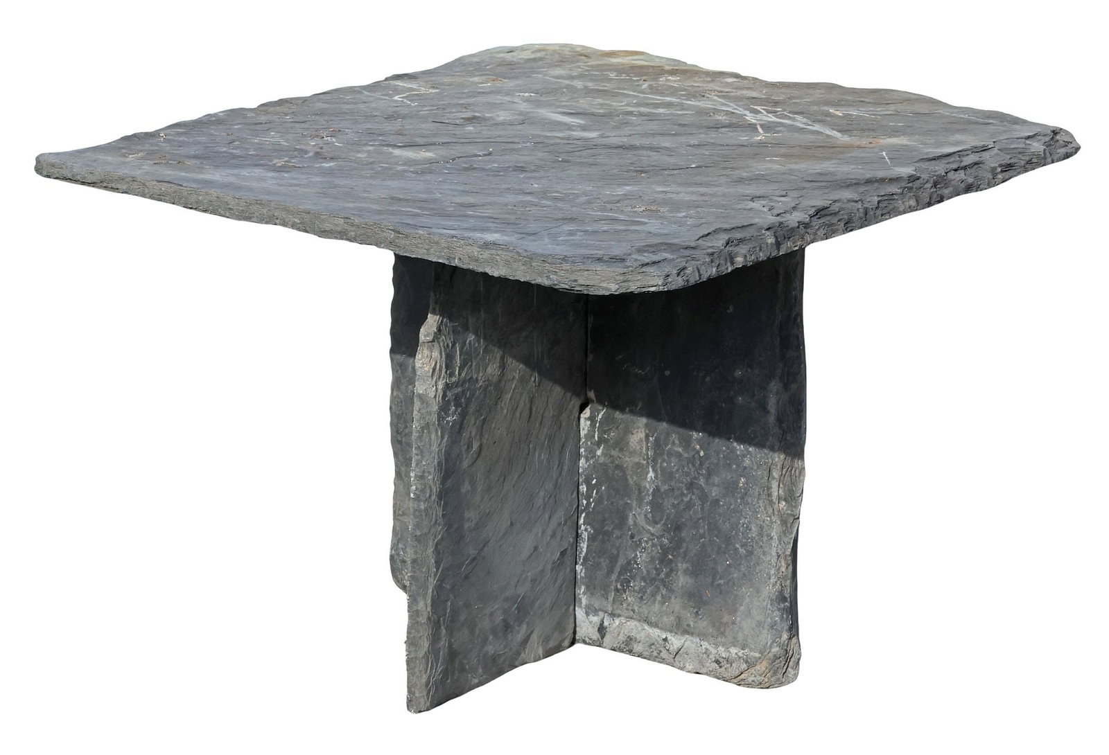 NATURAL EDGE SLATE PATIO PEDESTAL DINING TABLE: Slate outdoor garden/ patio dining table, having natural edge top, on interlocking X-form support, approx 29"h, 43"w, 40"d, floor to bottom of apron (clearance): approx 27.75"h **PLEASE NOTE: All of