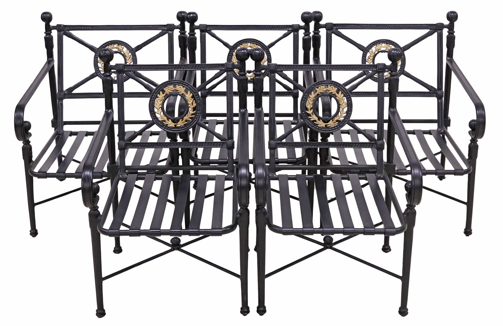 (5) NEOCLASSICAL STYLE BLACK METAL OUTDOOR PATIO DINING CHAIRS: (lot of 5) Neoclassical style cast metal outdoor patio armchairs, 20th c., each having laurel wreath splat and globular fluted finials, above scrolled arms and slatted seat, rising on tapered legs