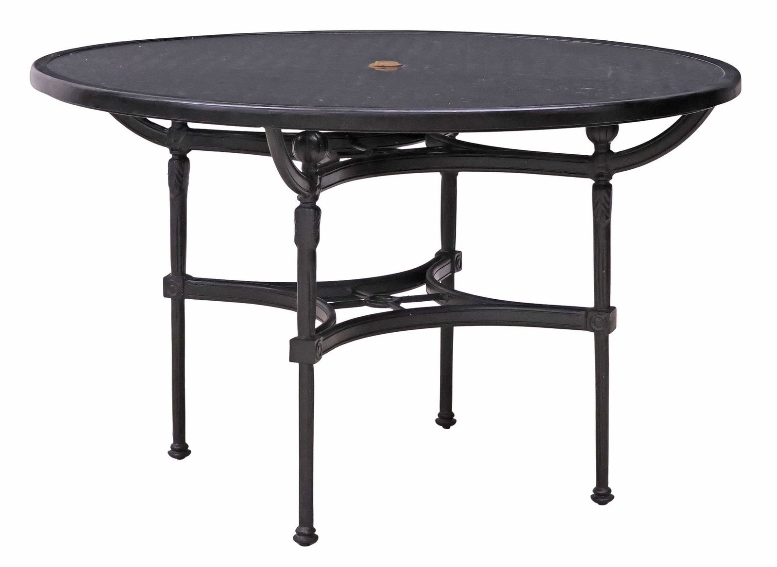 NEOCLASSICAL STYLE GLASS-TOP BLACK METAL OUTDOOR PATIO DINING TABLE: Neoclassical style cast metal outdoor patio dining table, 21st c., having pierced scrollwork top with inset glass surface, rising on tapering stretcher-joined legs, in a black-painted finish,