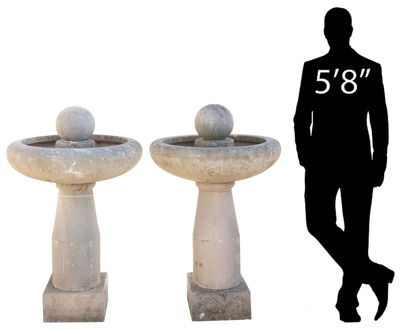 (2) MODERNIST CAST STONE ORB-FORM GARDEN URNS ON PEDESTALS, 45"H: (pair) Large Modernist cast stone garden urns, each having spherical orb finial in shallow circular basin, rising on tapering standard and square plinth, approx 45"h, 26"diam **PLEASE NOTE: All cast s