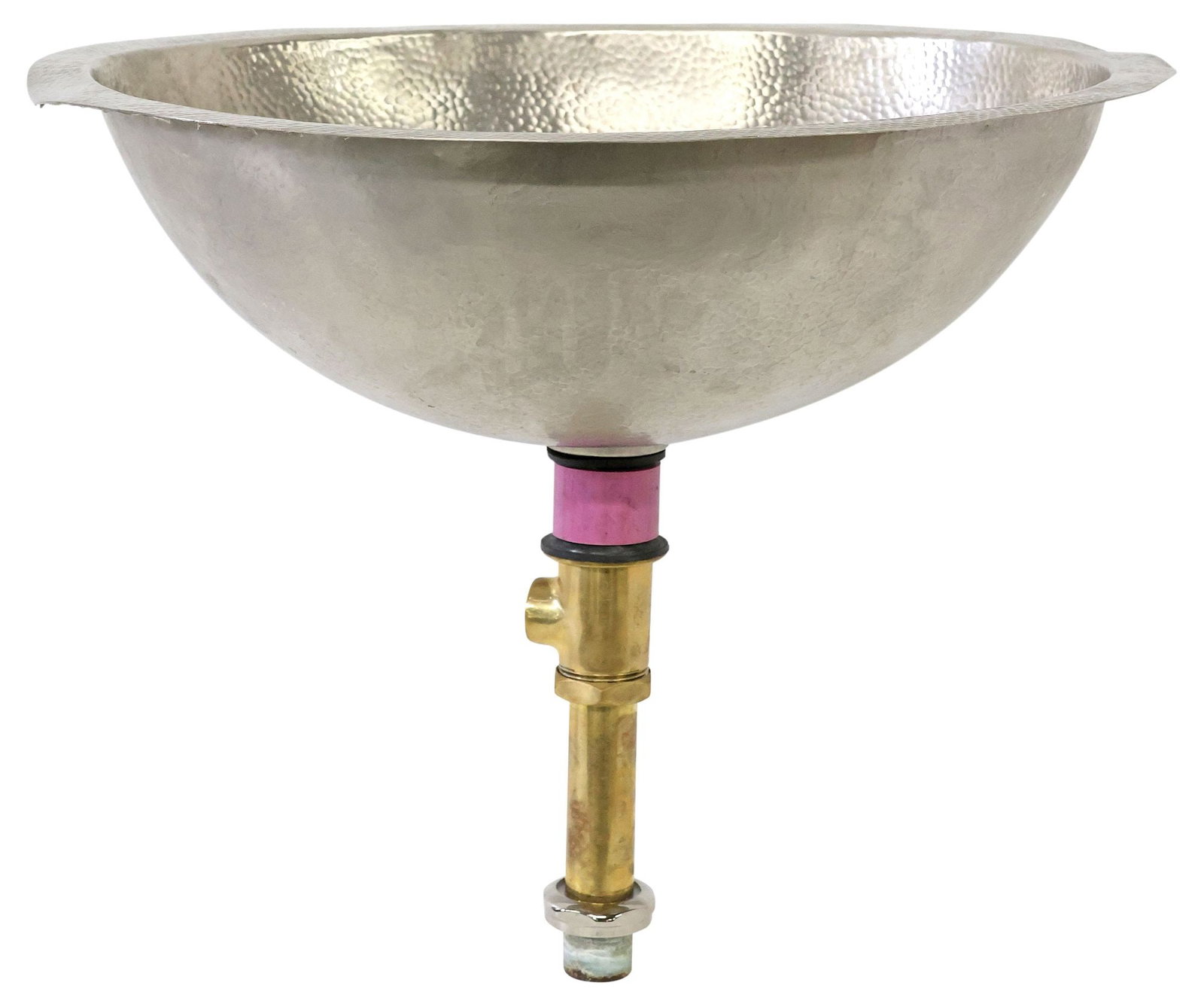 LINKASINK HAMMERED STAINLESS STEEL OVAL SINK BASIN, MODEL BLD103: Modern hand-hammered stainless steel sink basin, Linkasink, 21st c., from the "Builder's" series, model BLD103, of oval form, drop-in or undermount installation, lacking drain stopper, denting at eith