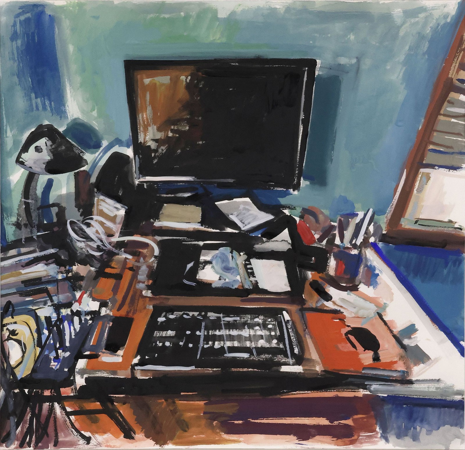 DMITRY SAMAROV (B.1970) WATERCOLOR STILL LIFE OF A MODERN DESK: Framed watercolor on paper painting, Still Life with Computer Desk, signed sheet verso D (Dmitry Samarov, Russian, Illinois, b.1970), dated 2017, taped adhesive to matting, sight: approx 18"h, 18.75"w