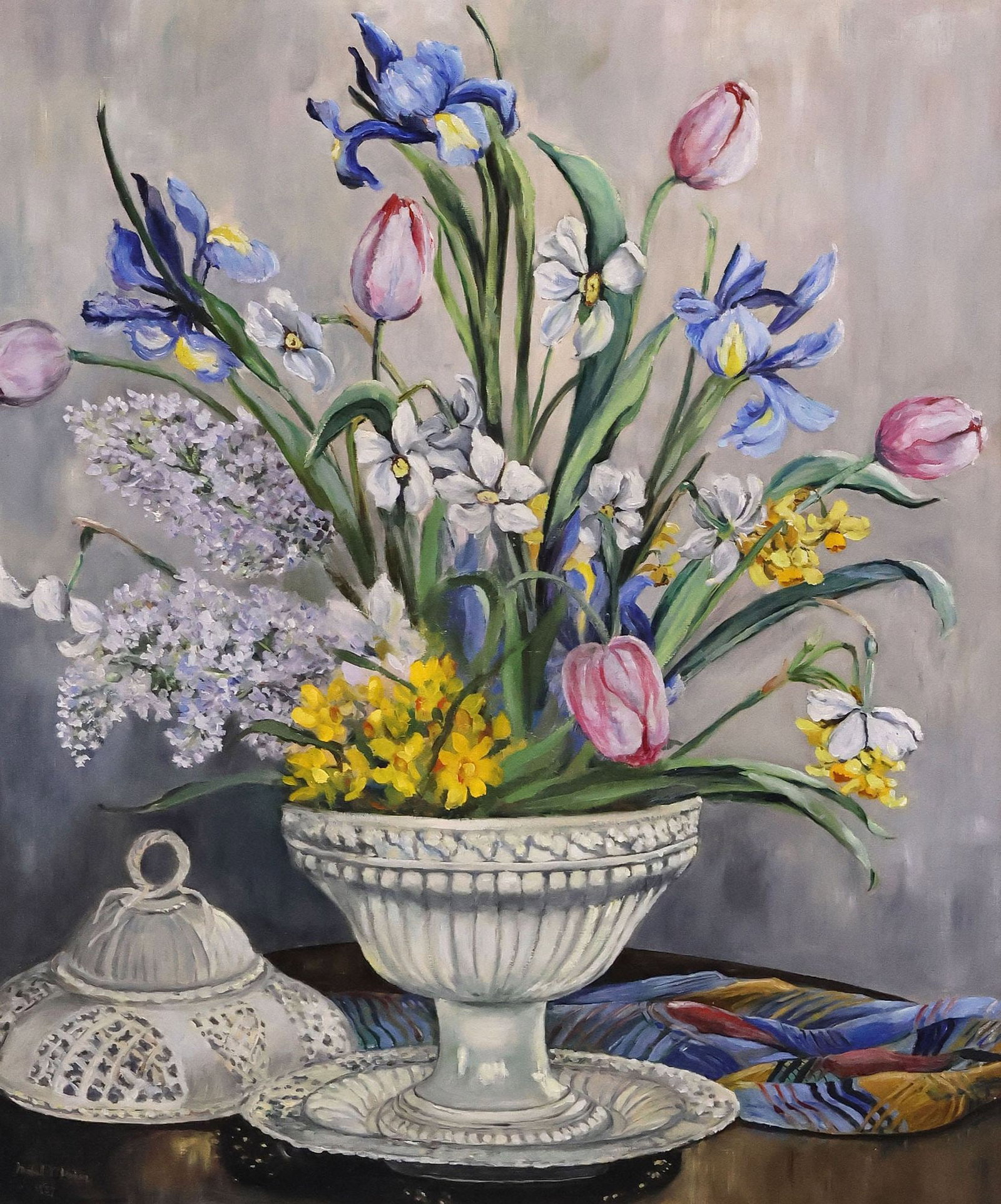SIGNED OIL ON CANVAS PAINTING, STILL LIFE WITH FLOWERS IN URN, 24" X 20": Framed oil on canvas painting, Still Life with Floral Bouquet in Urn, signed lower left Mabel Y. Roine?, dated 1957, sight: approx 23.5"h, 19.5"w, overall: approx 33.5"h, 29.75"w, 13.5lbs