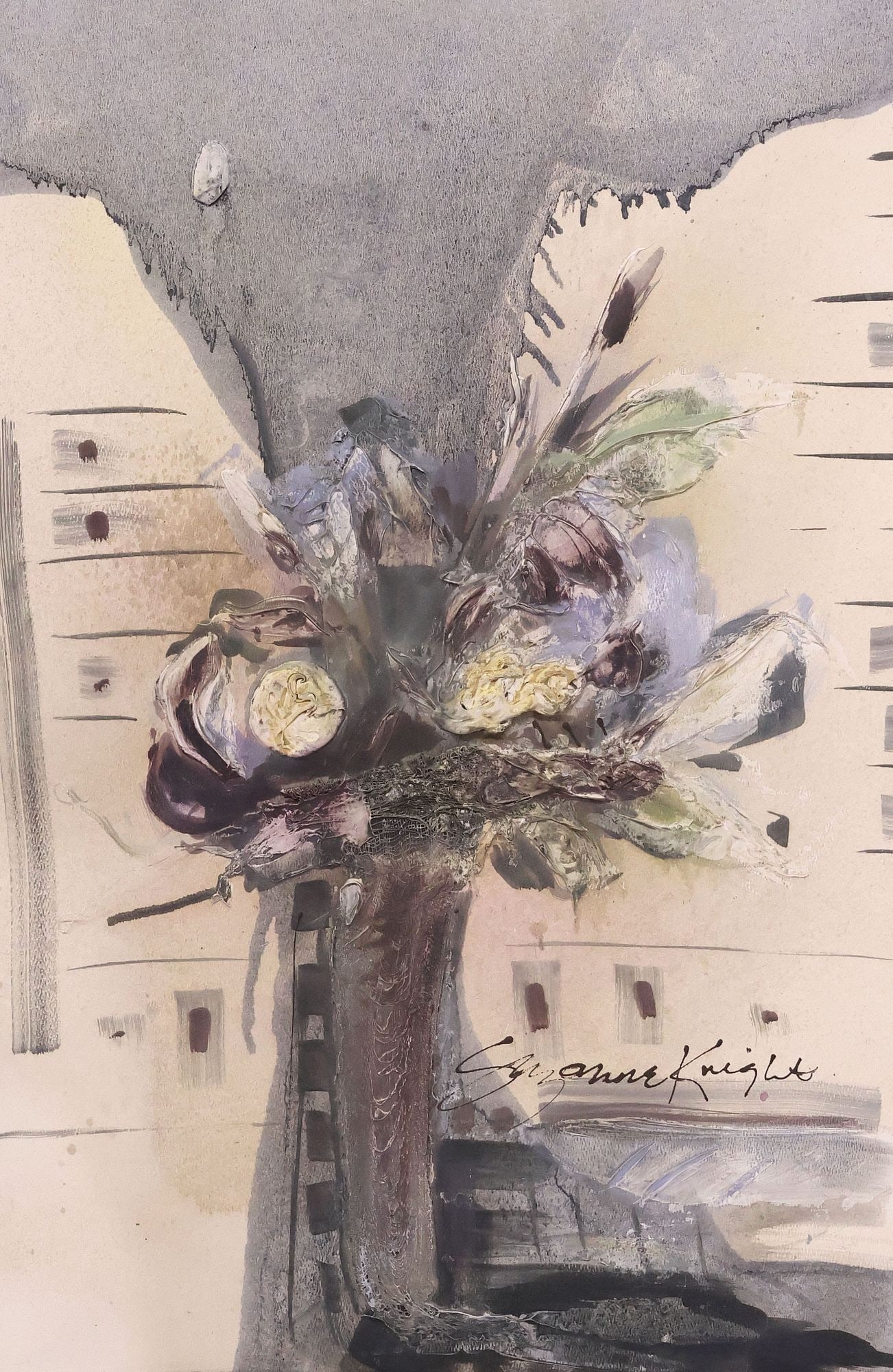 SUZANNE KNIGHT (20TH C.) MIXED MEDIA, EXPRESSIONIST FLORAL STILL LIFE, 29.5" X 19.25": Framed mixed media on paper, Expressionist Still Life with Flowers, signed lower right Suzanne Knight (20th c.), light overall warping to sheet, sight: approx 29.5"h, 19.25"w, overall: approx 37.75"h,