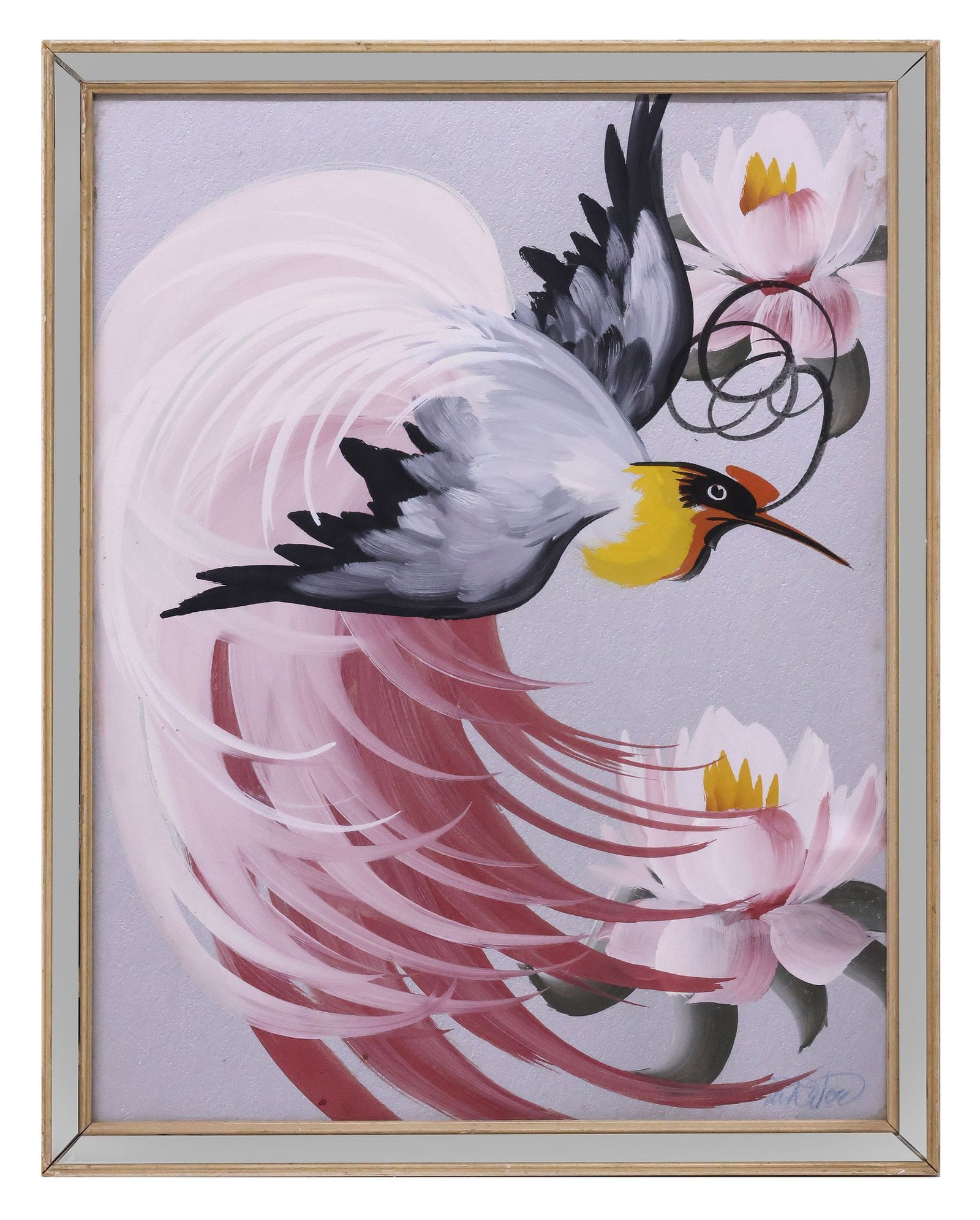 SIGNED M. DeVOE TEMPERA PAINTING, TROPICAL BIRD & LOTUS BLOOMS: Framed tempera painting on board, Bird of Paradise with Lotus Flowers and Stippled Background, signed lower right M. DeVoe (20th c.), housed in mirrored frame, encased behind glass, sight: approx 17.5