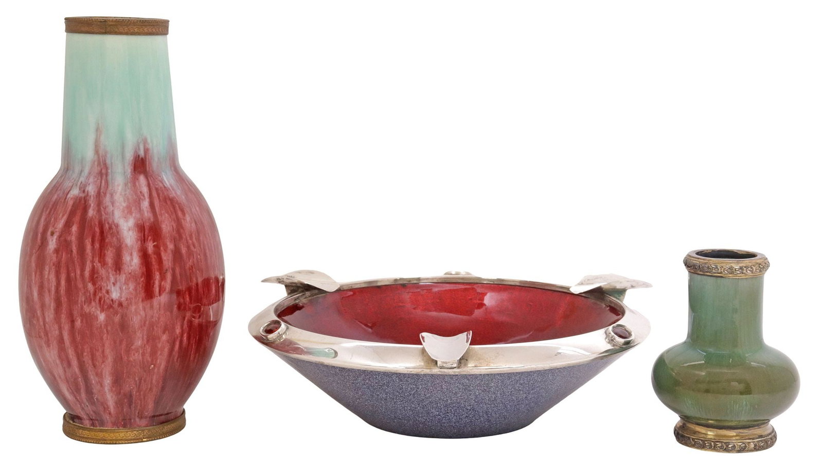 (3) SPANISH BAGUES SILVER-MOUNTED ASHTRAY & FRENCH ENAMELED VASES: (lot of 3) Enameled table accessories, each with metal mounts, including: (1) Spanish mid-century modern silver-mounted ashtray, Bagues, Barcelona, tapering bowl in a metallic red finish, with maker's