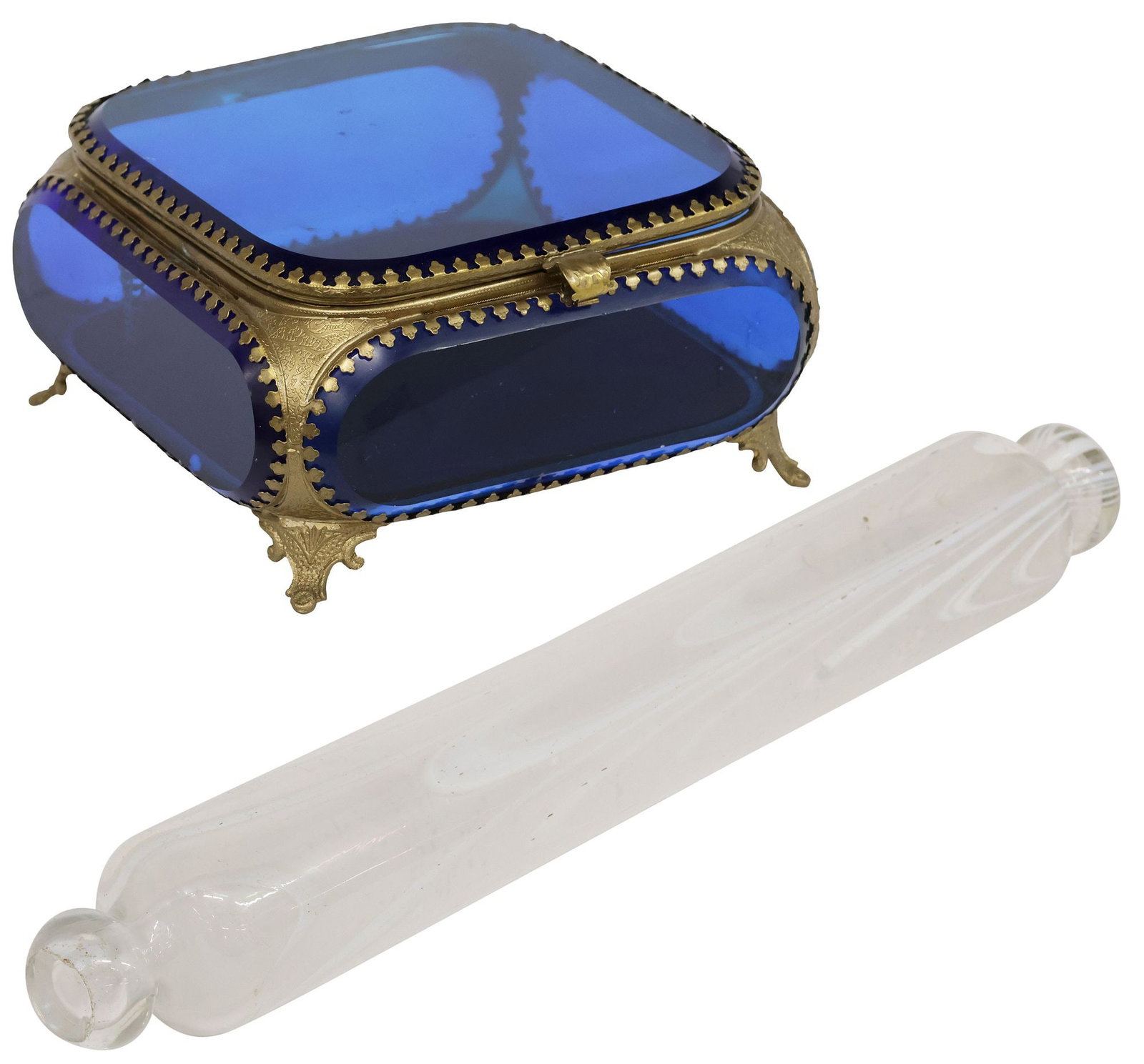 (2) ENGLISH GLASS TABLE ARTICLES, JEWELRY CASKET & NAILSEA GLASS ROLLING PIN (1 of 8)