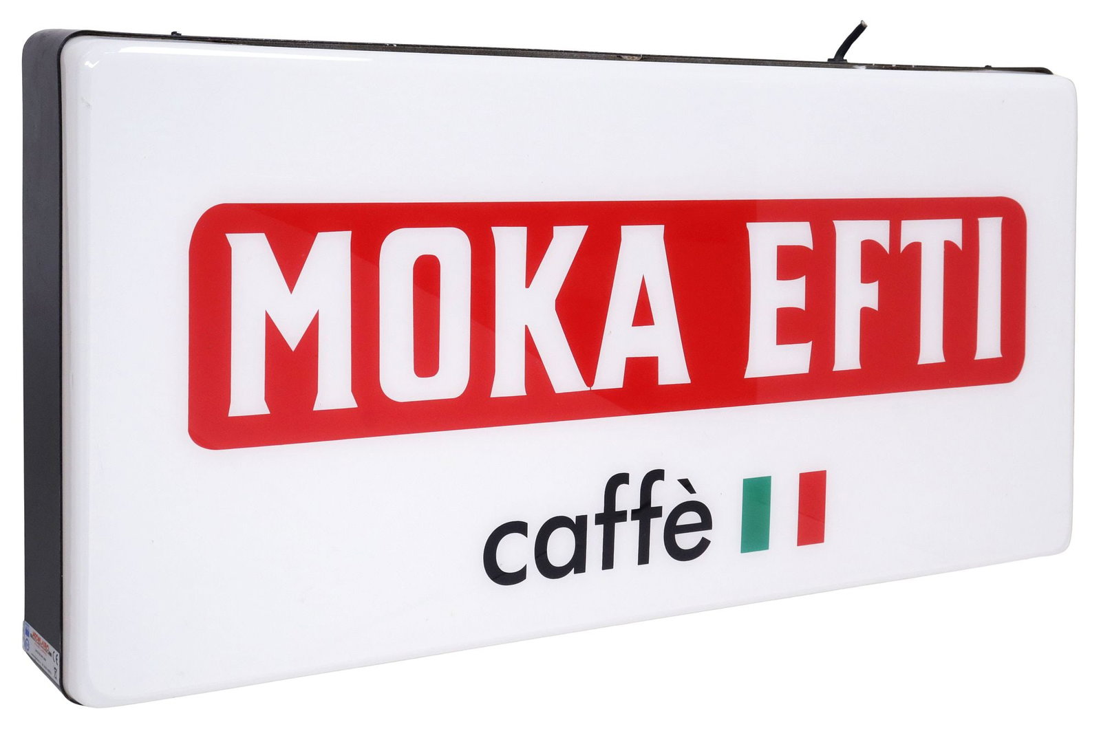 NEONLAURO ILLUMINATED COFFEE SHOP SIGN, 'MOKA EFTI CAFFE': Illuminated coffee shop advertising sign, "Moka Efti Caffe," manufactured by Neonlauro, Italy, late 20th c., retaining adhesive maker's label at side, in need of wiring, approx 13.75"h, 27.75"w, 3.25"