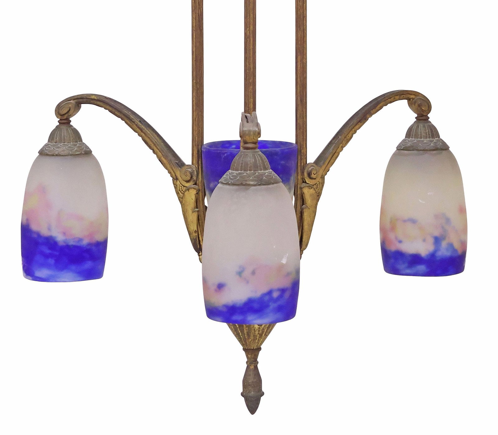 DEGUE FRENCH ART DECO ART GLASS & GILT METAL 4-LT CHANDELIER (1 of 5)