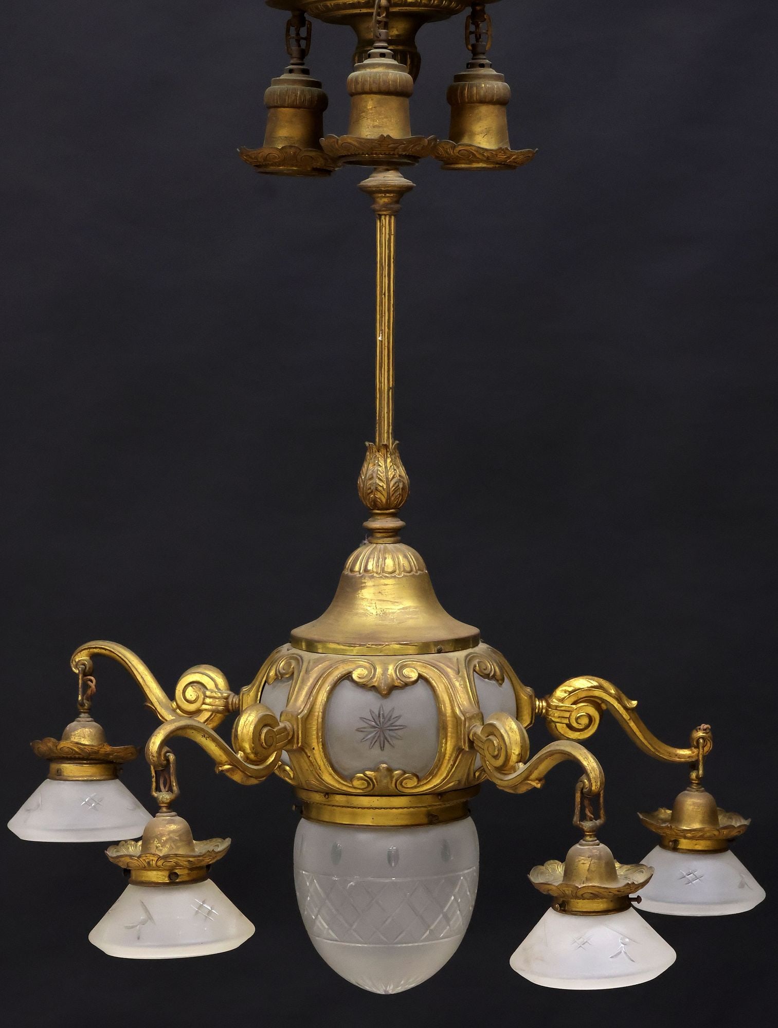 LARGE CONTINENTAL ART DECO GILT-METAL & CRYSTAL 8-LIGHT CHANDELIER (1 of 4)