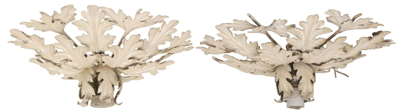(2) ITALIAN WHITE-PAINTED IRON LEAF-FORM CEILING LIGHTS: (pair) Italian white-painted iron ceiling lights, 20th c., each modeled as connecting leaves, wrapping around a single light, in need of wiring, approx 5.5"h, 11.5"diam, 4.25lbs total