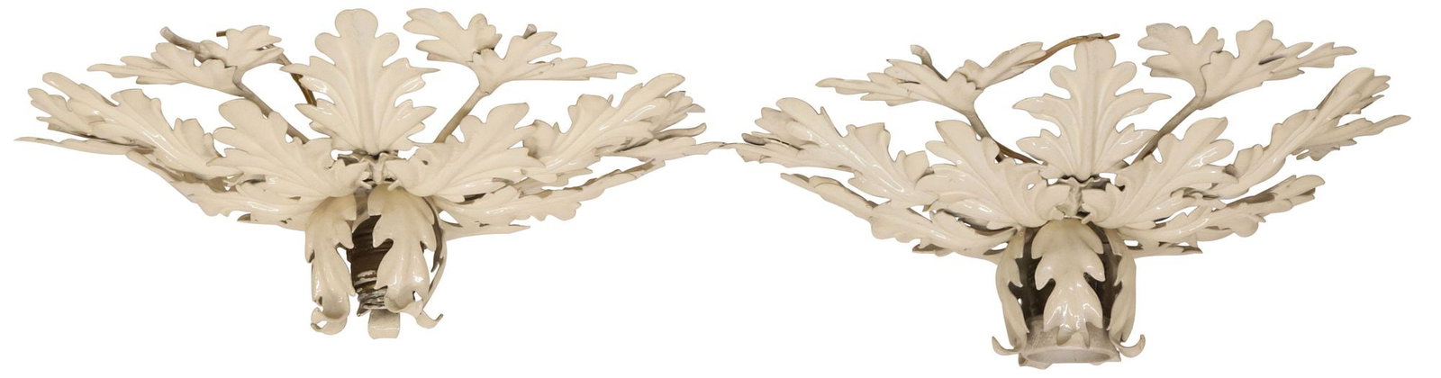 (2) ITALIAN WHITE-PAINTED IRON LEAF-FORM CEILING LIGHTS: (lot of 6) Italian white-painted iron ceiling lights, 20th c., each modeled as connecting leaves, wrapping around a single light, in need of wiring, approx 4.5"h, 12"diam, 4lbs
