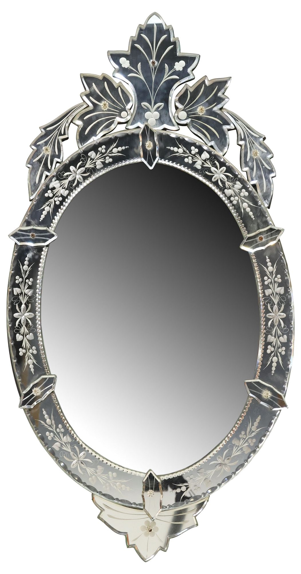 VENETIAN ETCHED & BEVELED GLASS OVAL WALL MIRROR (1 of 3)