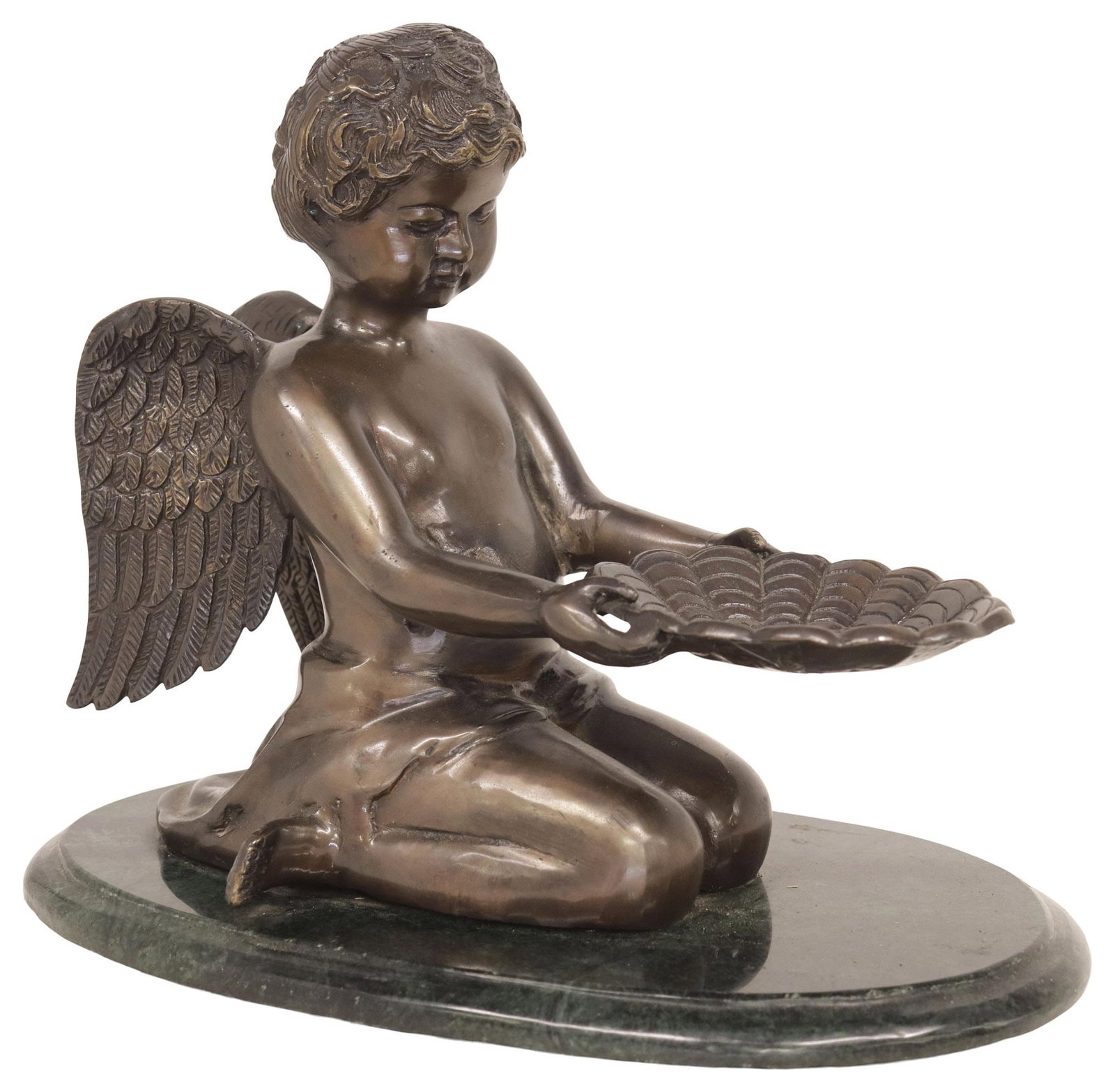 PATINATED BRONZE SCULPTURE ON MARBLE BASE, SEATED CHERUB WITH SHELL: Classical-style patinated bronze sculpture, Seated Cherub Holding Shell, modeled as a winged figure in draped garment, holding scalloped shell with incised four-leaf clover motif, on ovular green marb