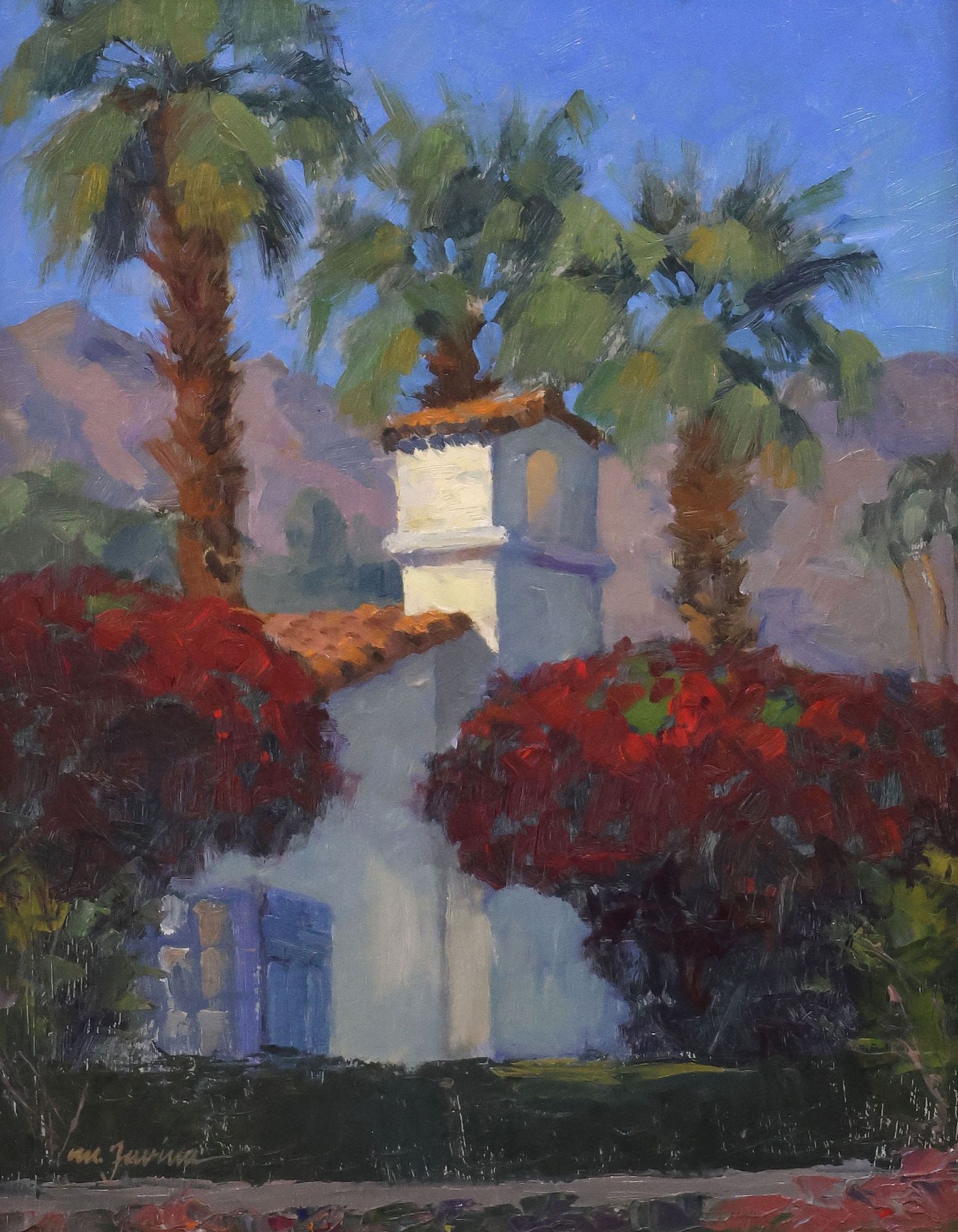 MARK FARINA (B.1946) PLEIN AIR OIL PAINTING, 'SOUTHERN CALIFORNIA LIGHT': Framed oil on panel painting, "Southern California Light," signed lower left M. Farina (Mark Farina, American, active in Monterey, California, b.1946), titled and dated 2003 with additional artist's s