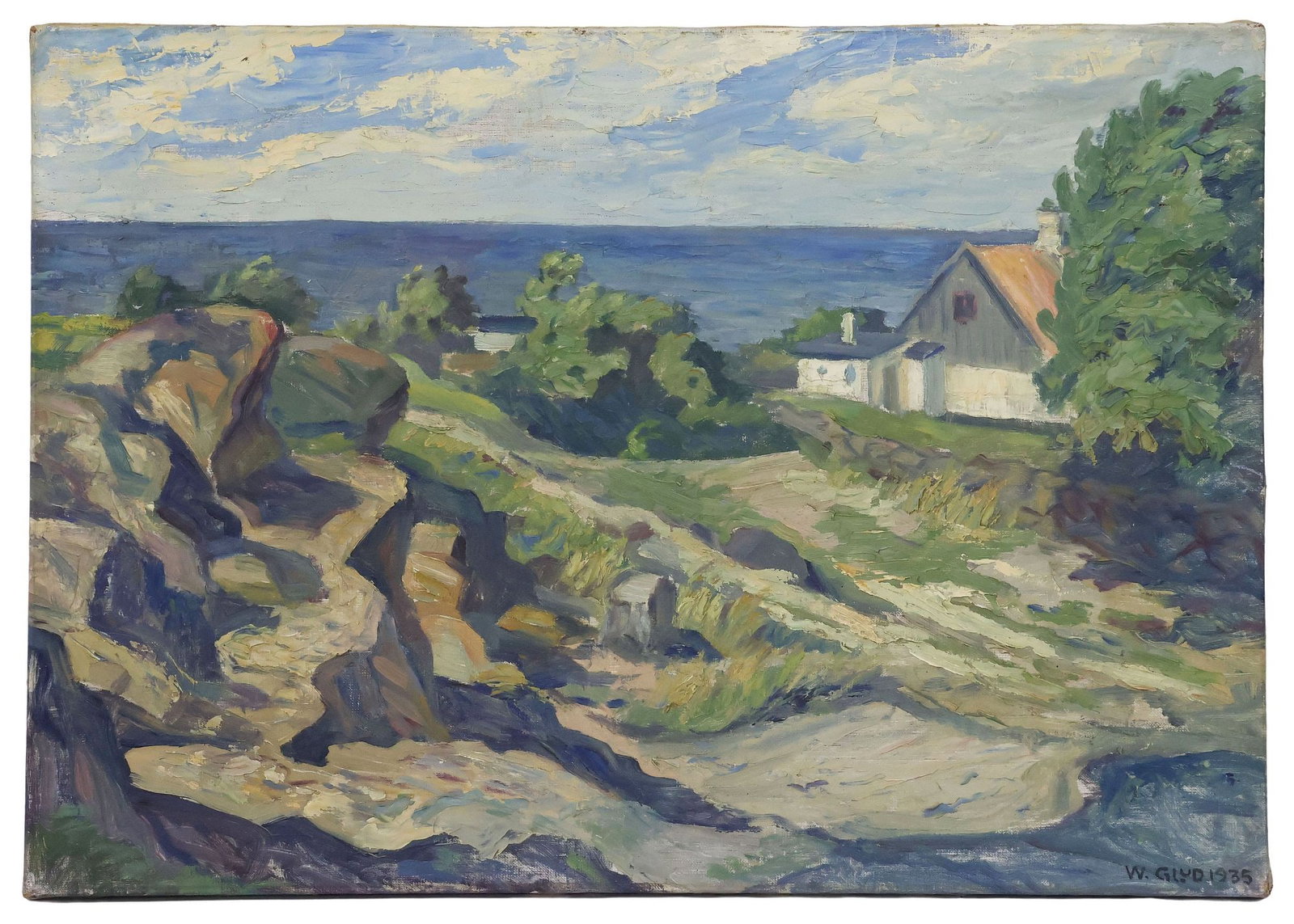 WILFRED GLUD (1872-1946) IMPRESSIONIST OIL PAINTING, OCEAN LANDSCAPE: Unframed oil on canvas painting, Houses by the Seaside, signed lower right W. Glud (Wilfred Peter Glud, Danish, 1972-1946), dated 1935, approx 18.5"h, 26 1/8"w, 2.25lbs