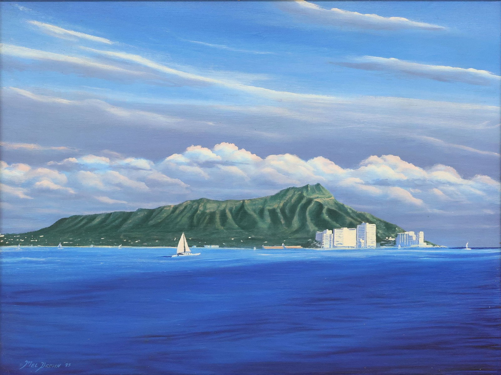 MEL BROWN (20TH C.) DIAMOND HEAD, OAHU COASTAL LANDSCAPE PAINTING: Framed oil on canvas painting, Hawaiian Landscape from a Sea Perspective, likely Diamond Head, Oahu, signed lower left Mel Brown (20th c.), dated [19]93, sight: approx 17.5"h, 23 3/8"w, overall: appro