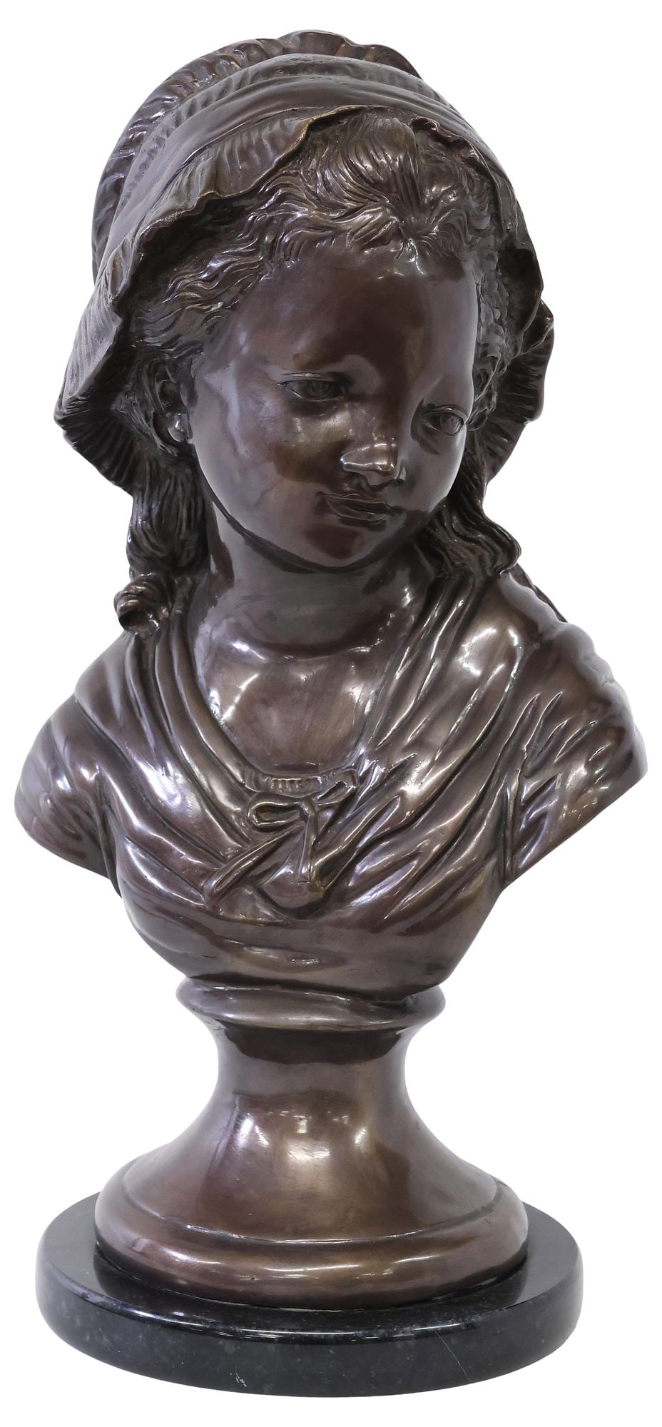 PATINATED BRONZE SCULPTURE ON MARBLE BASE, BUST OF A YOUNG GIRL (1 of 4)