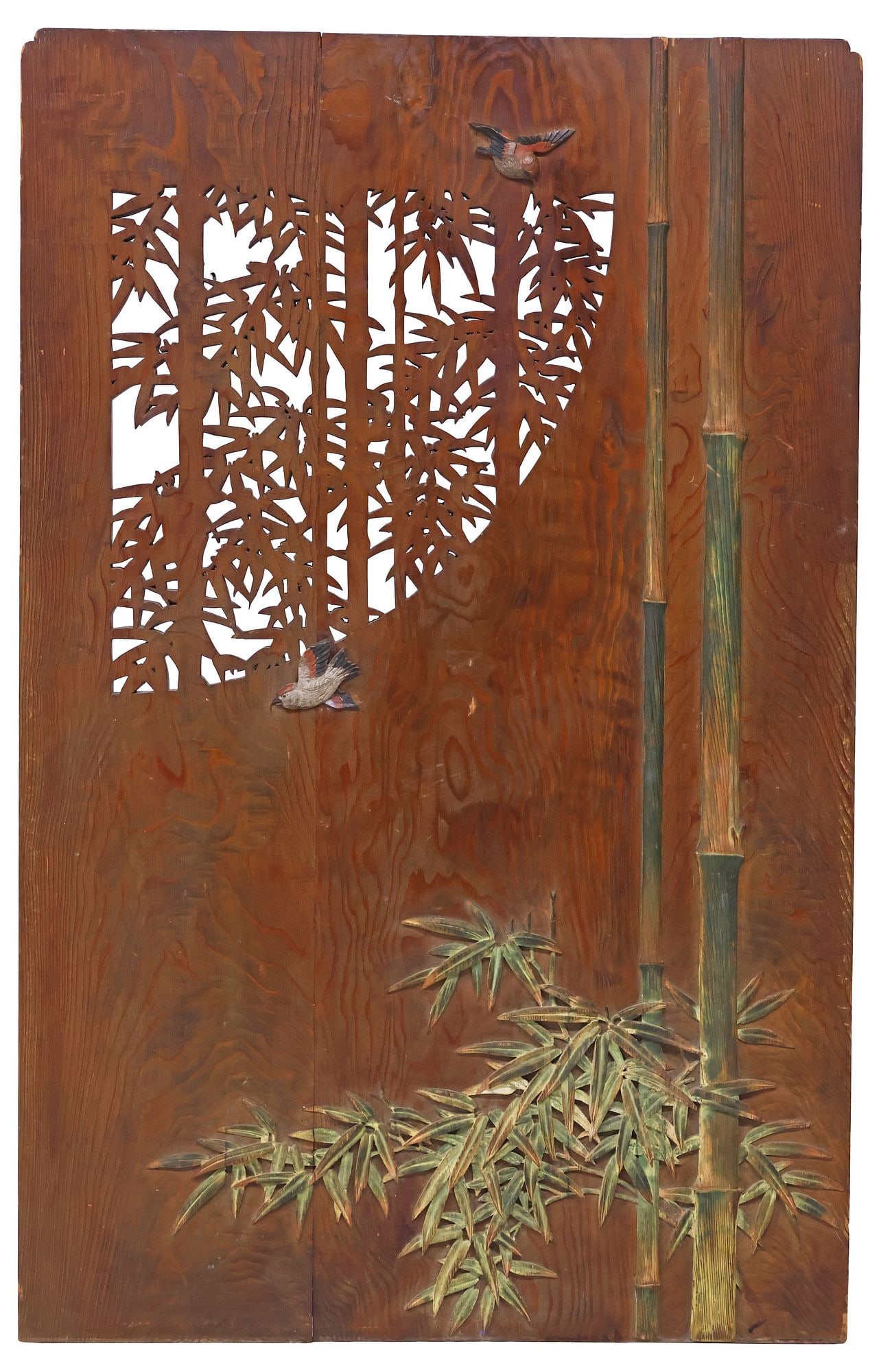 JAPANESE OPENWORK CARVED 'BAMBOO' ARCHITECTURAL WALL PANEL W/ BIRDS, 55.5"H (1 of 4)