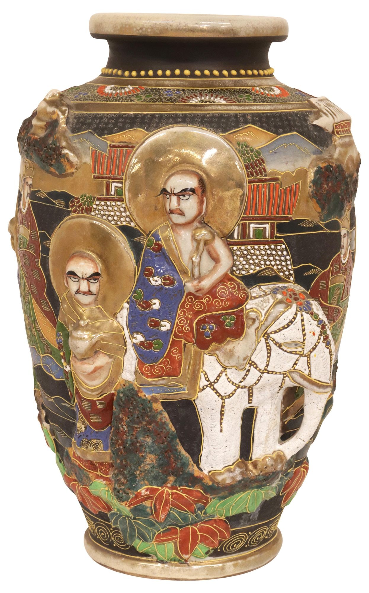 JAPANESE SATSUMA STYLE EARTHENWARE BUDDHIST 'RAKAN' VASE (1 of 5)
