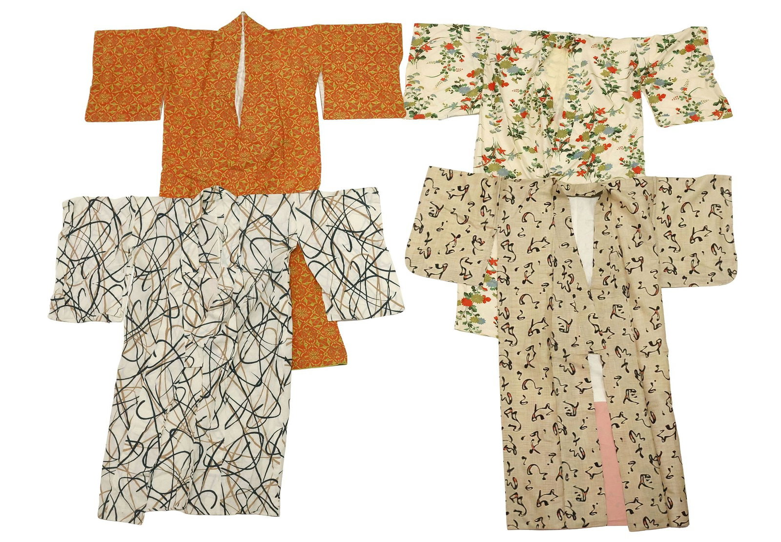 (4) JAPANESE PATTERNED SILK, LINEN, & SLUBBED FABRIC KIMONOS: (lot of 4) Japanese fabric yukata and komon kimonos, varied materials and sizes, including: (1) white linen with abstract striping, the interior unlined; (1) beige ground with fine line plaid and styl