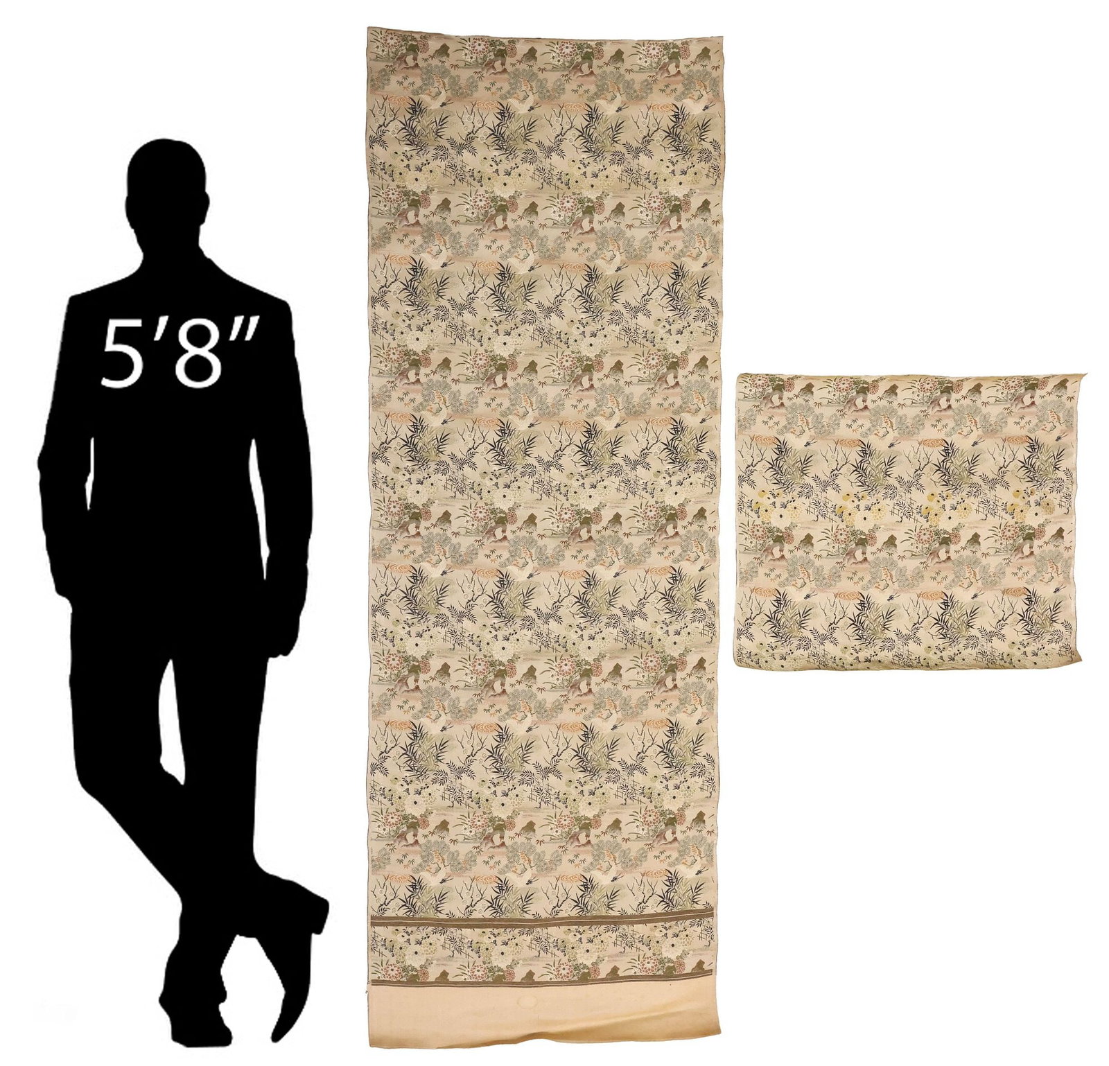 (2) JAPANESE NISHIJIN-ORI BROCADE FABRIC FRAGMENTS, CRANES IN A GARDEN: (lot of 2) Japanese Nishijin-ori brocade fabric fragments, each depicting cranes in flight over rocky outcrops and foliates with floral blooms, varied sizes, worn multi-character hexagonal red seal at