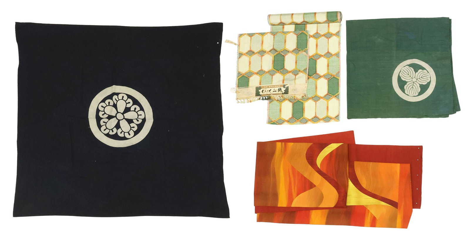 (5) JAPANESE DYED COTTON & WOVEN SILK FABRIC FRAGMENTS, 1 SMALL BOLT: (lot of 5) Japanese fabric fragments, varied materials and patterns, including: (1) indigo blue cotton, with central plum blossom kamon crest, hemmed edges, small hole near edge, approx 41"sq; (1) gre