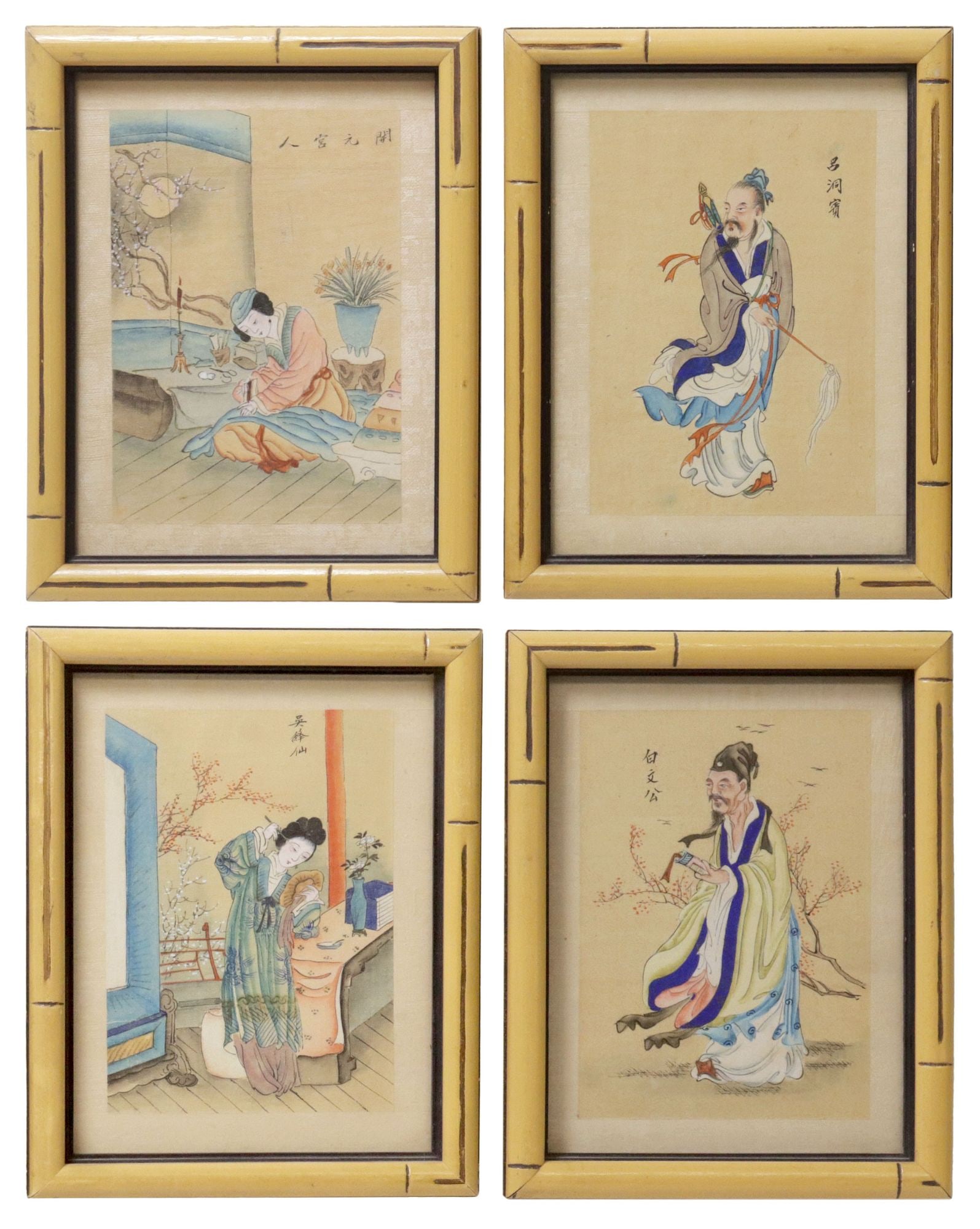 (4) CHINESE GOUACHE PORTRAIT PAINTINGS OF TANG SCHOLARS & POETS: (lot of 4) Framed Chinese gouache paintings on paper, each depicting a historic poet or scholar, with calligraphic inscriptions, brocade fabric trim, verso mounted with printed biography in English an