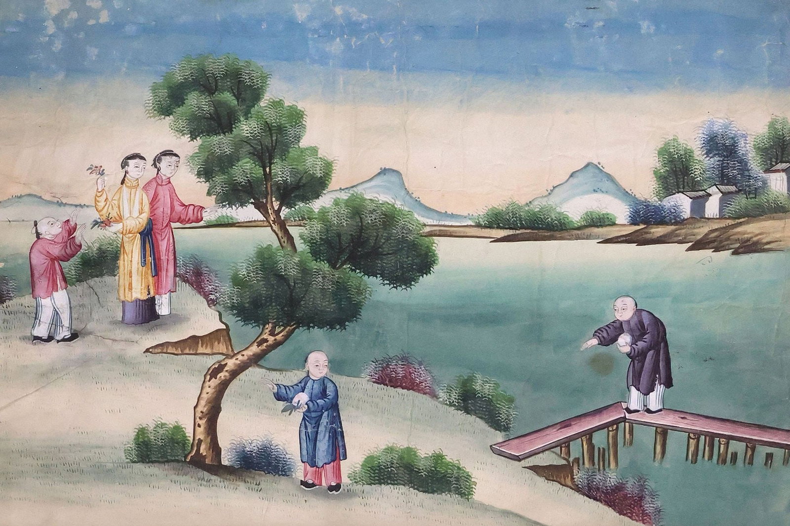 CHINESE EXPORT GOUACHE FIGURAL DOMESTIC PAINTING ON PITH PAPER: Framed Chinese export gouache painting on pith paper, Ladies and Children in a Mountainous Riverside Garden with Peaches, apparently unsigned, retaining Arthur Ackermann & Son, New York, art dealershi