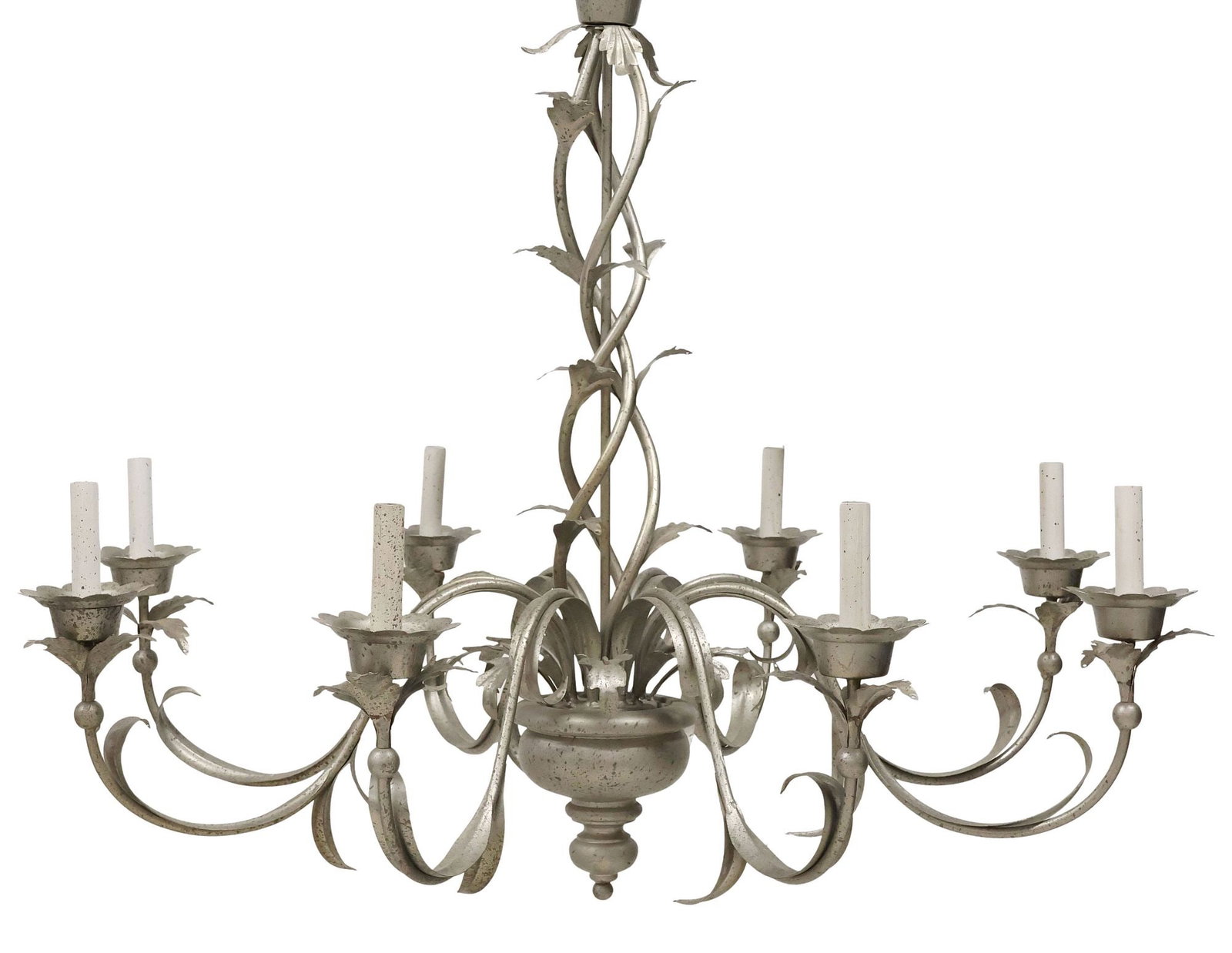 LARGE ITALIANATE SILVER-PAINTED TOLE FOLIATED 8-LT CHANDELIER (1 of 3)