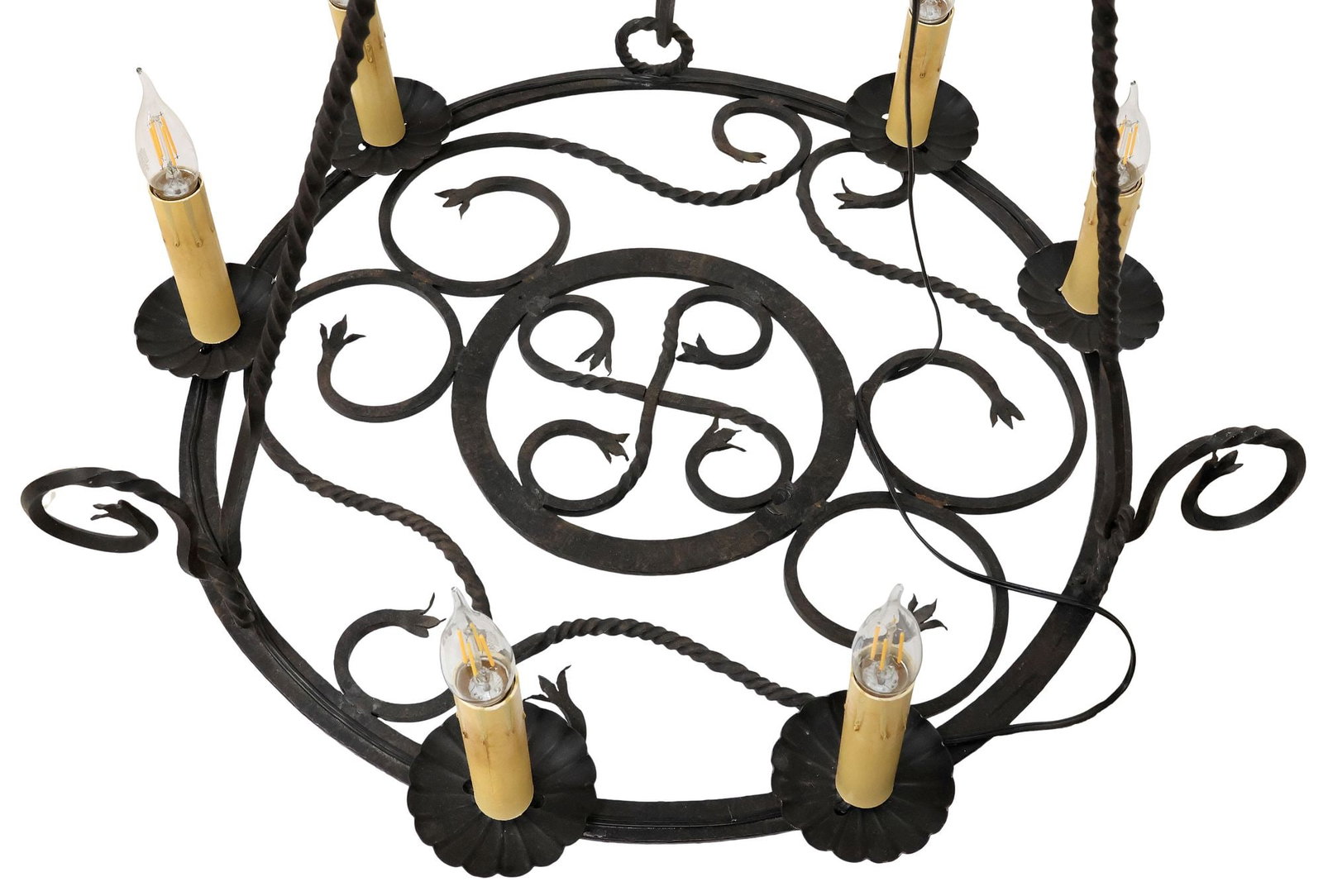 FRENCH WROUGHT IRON 6-LIGHT HOOP CHANDELIER: French wrought iron six-light chandelier, 20th c., twisted supports suspending hoop frame with scrolling foliates, issuing floriform bobeche with faux candlestick, equipped with U.S. wiring, approx 35