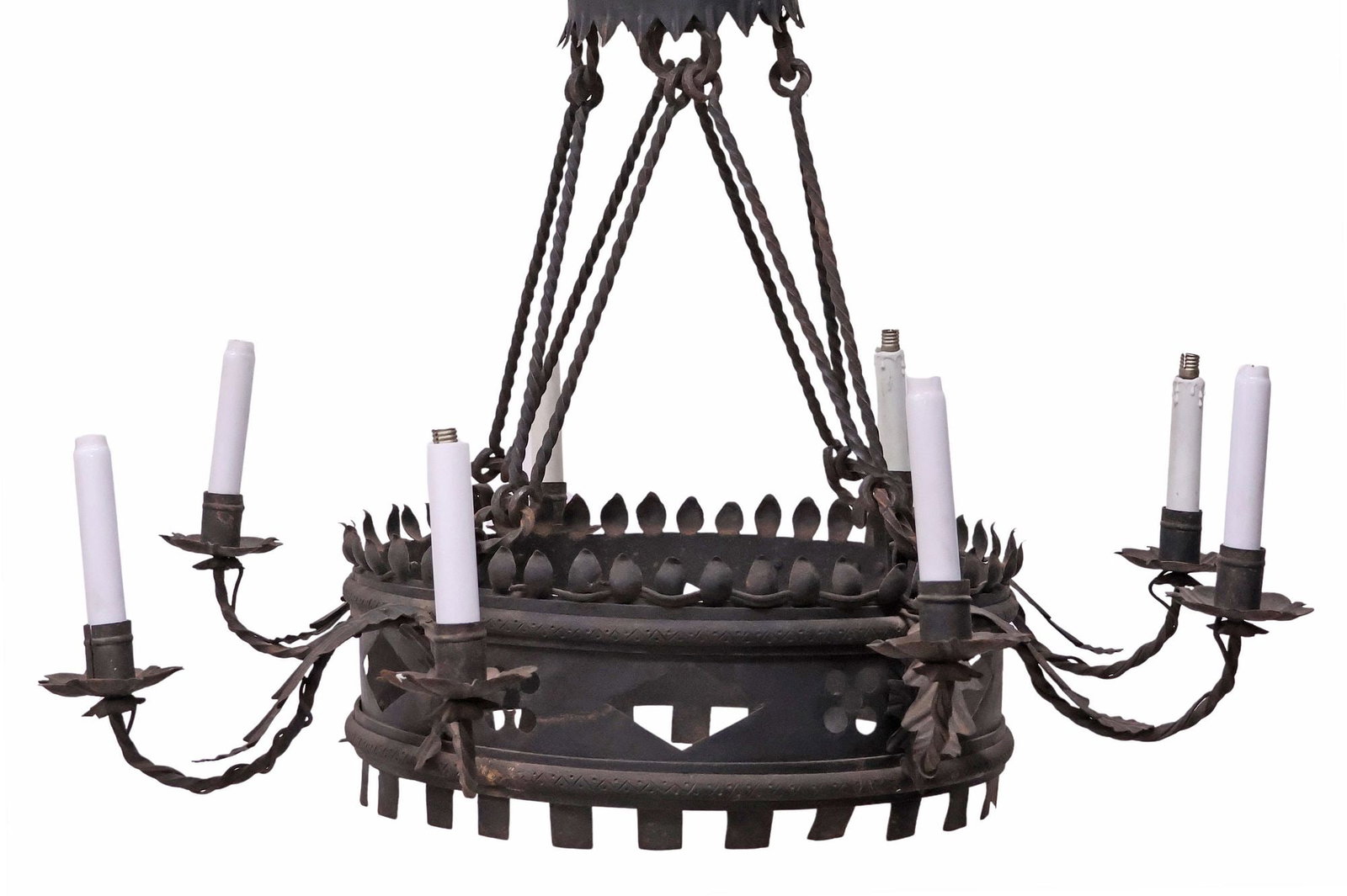 ITALIAN WROUGHT IRON FOLIATED 8-LIGHT CHANDELIER: Italian wrought iron eight-light chandelier, 20th c., circular frame with pierced geometrics suspended by twisted supports, issuing scrolled foliate arms, terminating at floriform bobeche and faux can