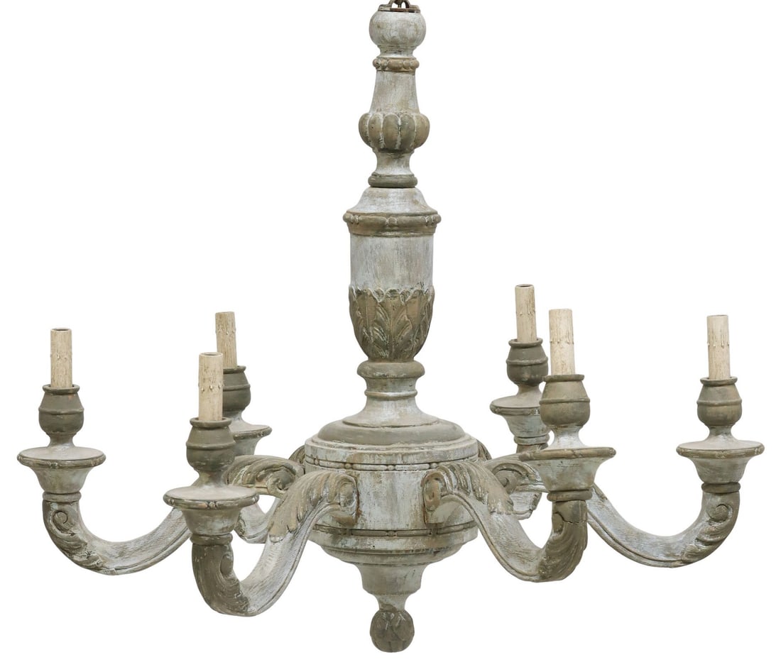ITALIAN PAINTED WOOD SCROLLED 6-LIGHT CHANDELIER: Italian paint-decorated wood six-light chandelier, early 20th c., having turned frame with acanthus leaf motifs, issuing six scrolled arms, each terminating on faux candle, in an intentionally-distres
