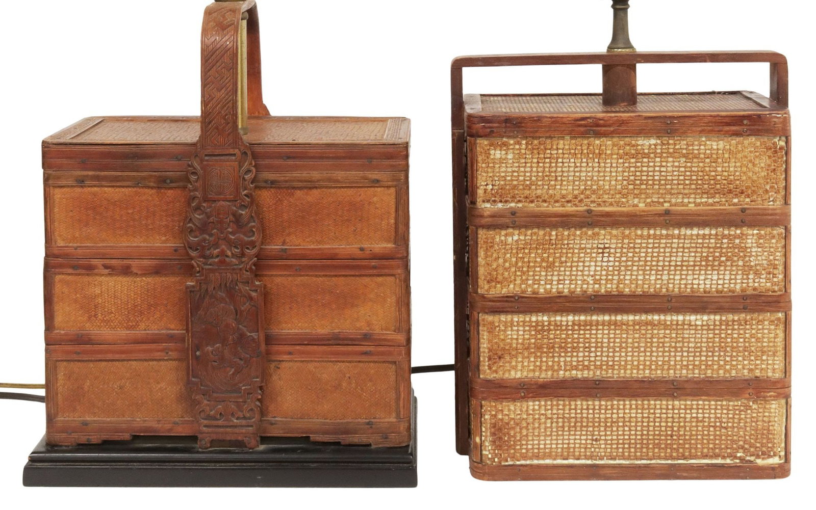 (2) MAITLAND-SMITH & OTHER CHINESE WEDDING BASKET-FORM 1-LIGHT TABLE LAMPS: (lot of 2) Single-light table lamps, each modeled as a Chinese woven wedding basket, equipped with US wiring, including: (1) Maitland-Smith, with figural relief on lower handle, on an integral base, a