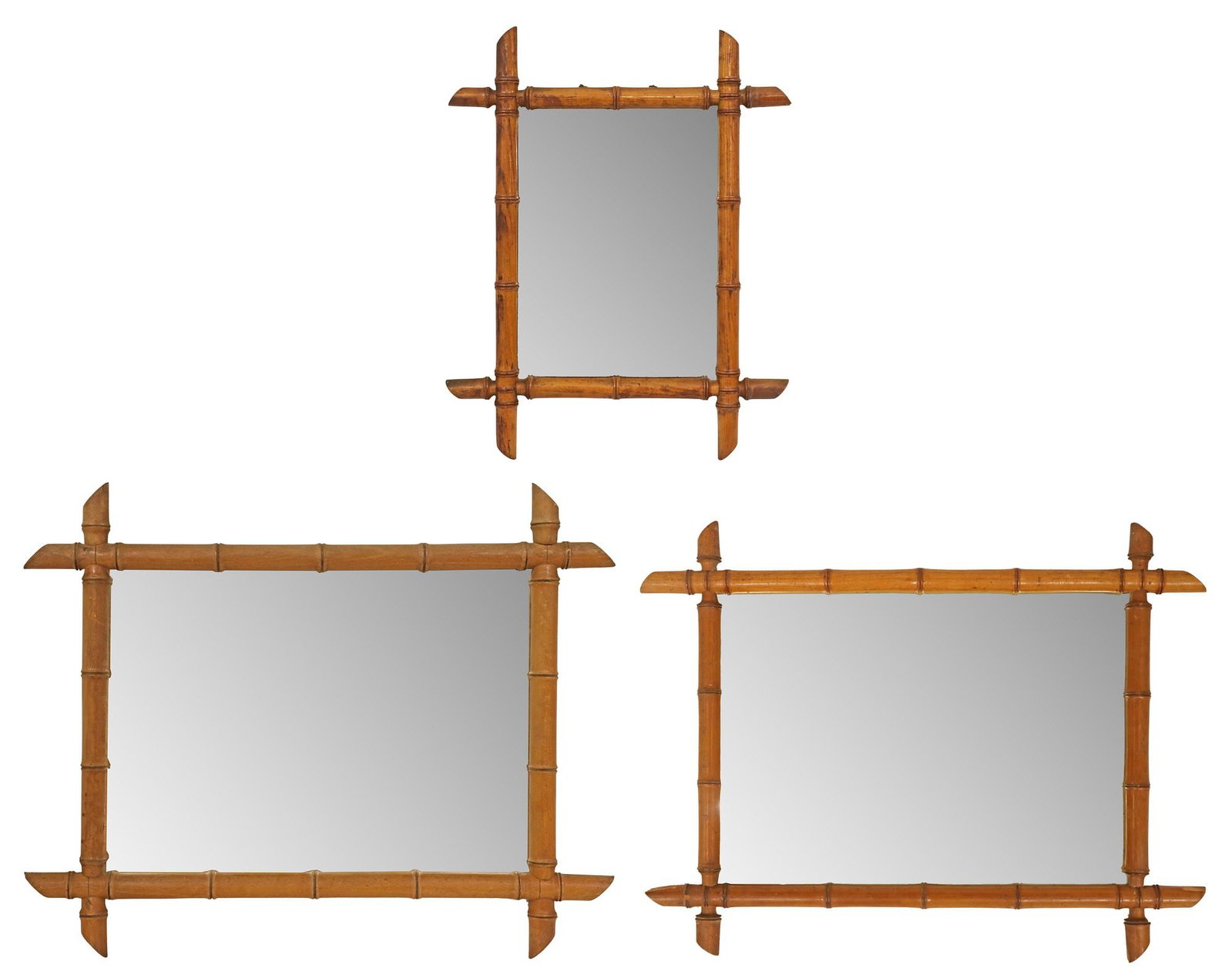 (3) FRENCH FAUX BAMBOO TURNED WALL MIRRORS: (lot of 3) French wall mirrors, 20th c., each with turned faux bamboo frame, encasing flat mirror plate, scattered silver loss to mirror plates, largest: approx 29"h, 23.5"w, smallest: approx