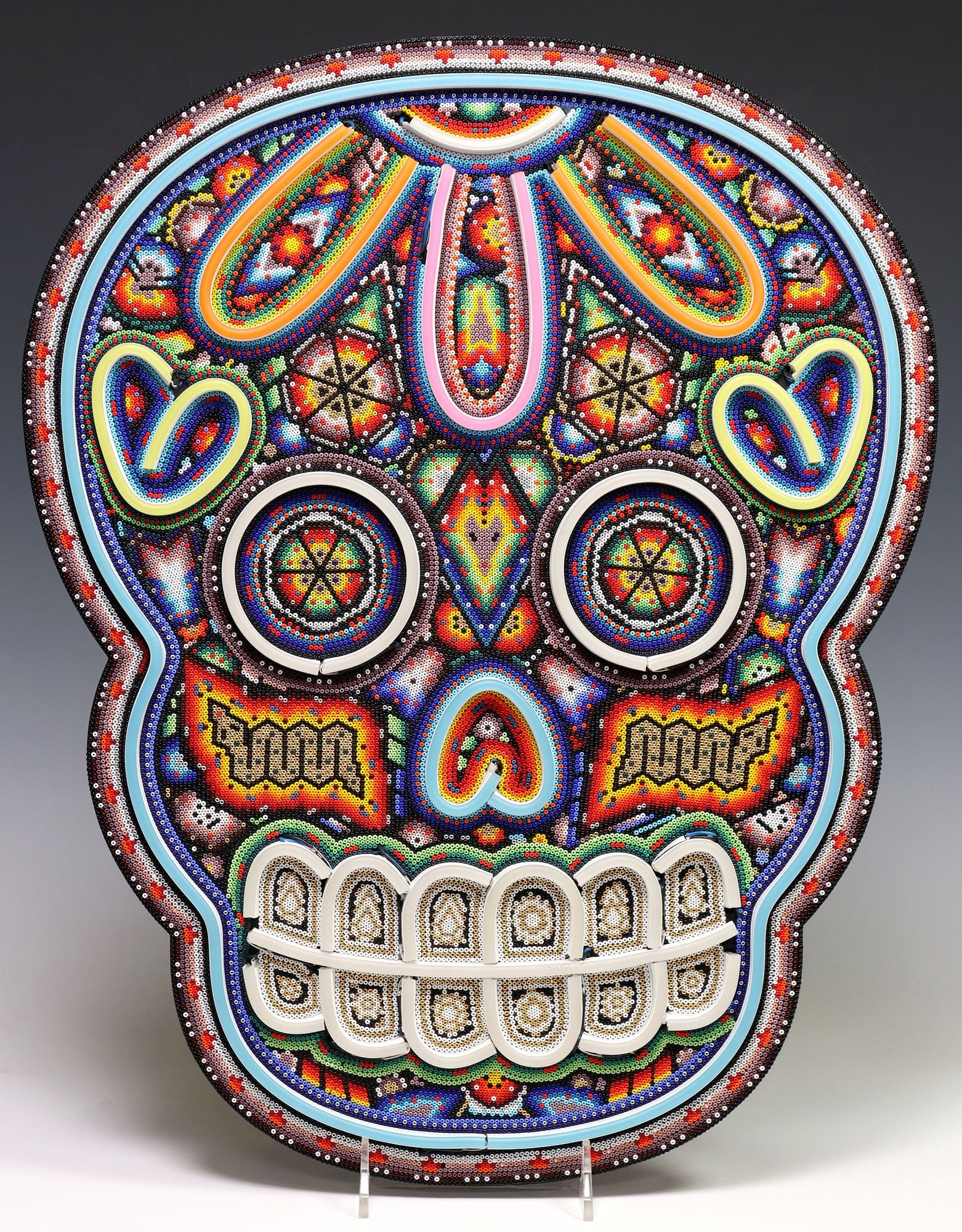 CHROMA AKA RICK WOLFRYD (B.1953) 'DAY OF THE DEAD 2024 FIBER OPTIC': Huichol style color beaded vinyl figure, "Day of the Dead 2024 (Fiber Optic)," Chroma aka Rick Wolfryd (Richard Wolfryd, California/ Mexico, b.1953), signed, titled, dated 2024 in verso, accompanied