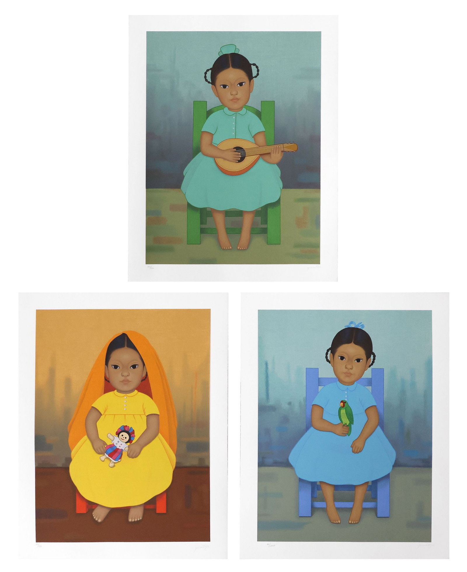 (3) GUSTAVO MONTOYA (1905-2003) SILKSCREEN PRINTS, NINOS MEXICANOS: (lot of 3) Unframed silkscreen prints in colors on paper, signed lower right G. Montoya (Gustavo Montoya, Mexican, 1905-2003), from the "Ninos Mexicanos" series, published by Lewin Galleries,