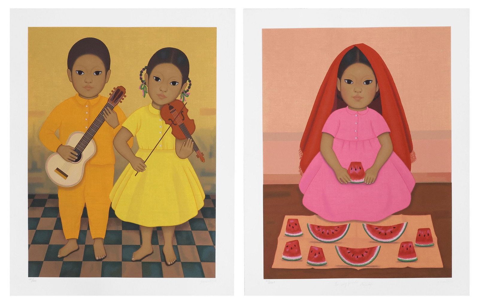 (2) GUSTAVO MONTOYA (1905-2003) SILKSCREEN PRINTS, NINOS MEXICANOS: (lot of 2) Unframed silkscreen prints in colors on paper, signed lower right G. Montoya (Gustavo Montoya, Mexican, 1905-2003), from the "Ninos Mexicanos" series, published by Lewin Galleries,