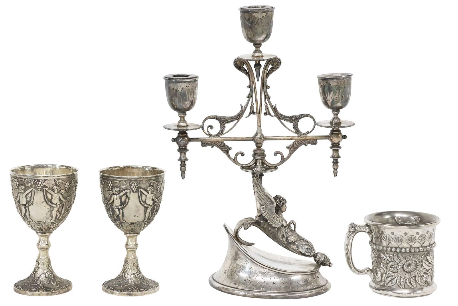(4) AMERICAN SILVERPLATE WINE GOBLETS, CANDELABRA & SHAVING MUG (1 of 11)