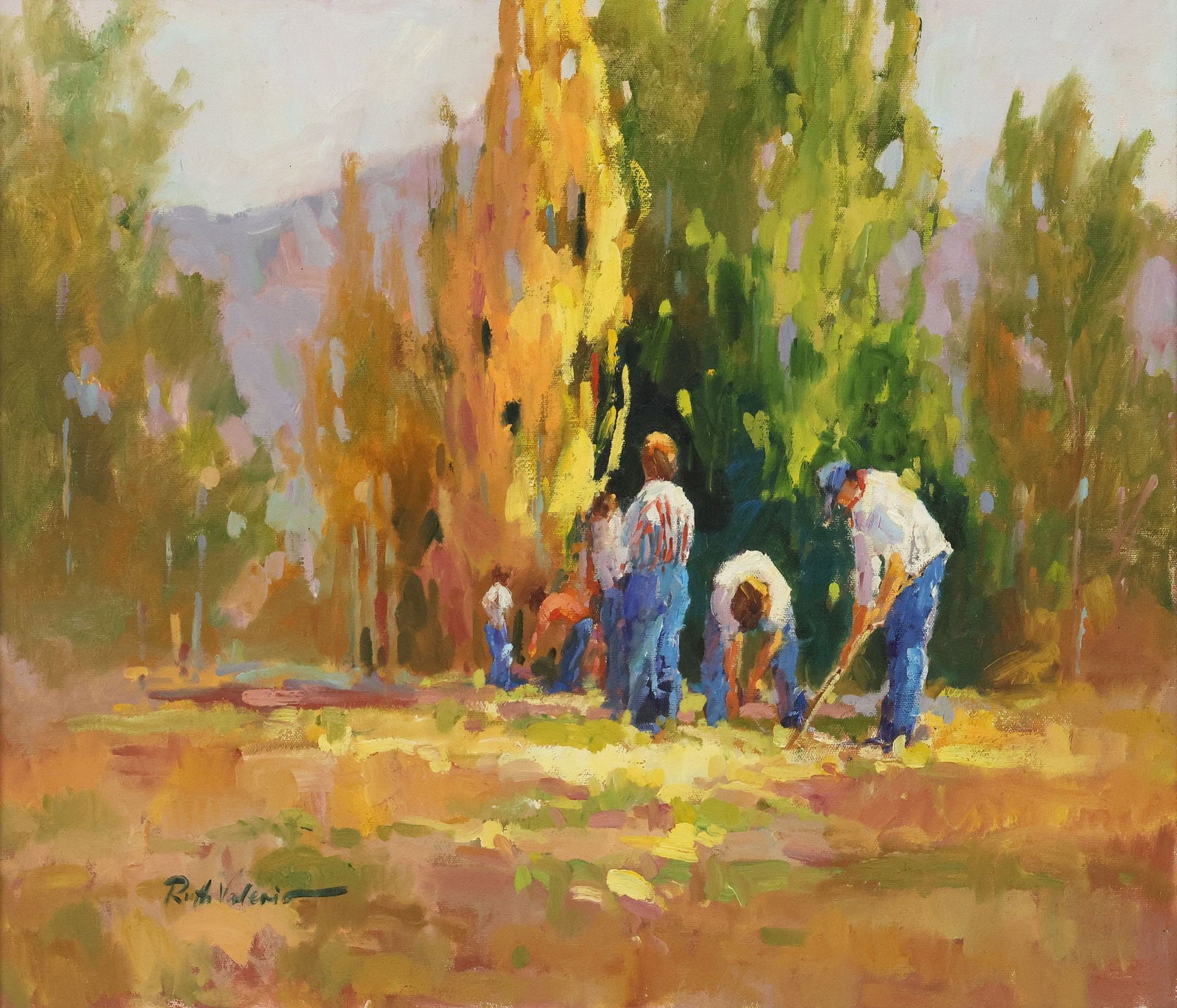 RUTH VALERIO (B.1950) AUTUMNAL LANDSCAPE WITH FARMERS PAINTING (1 of 4)