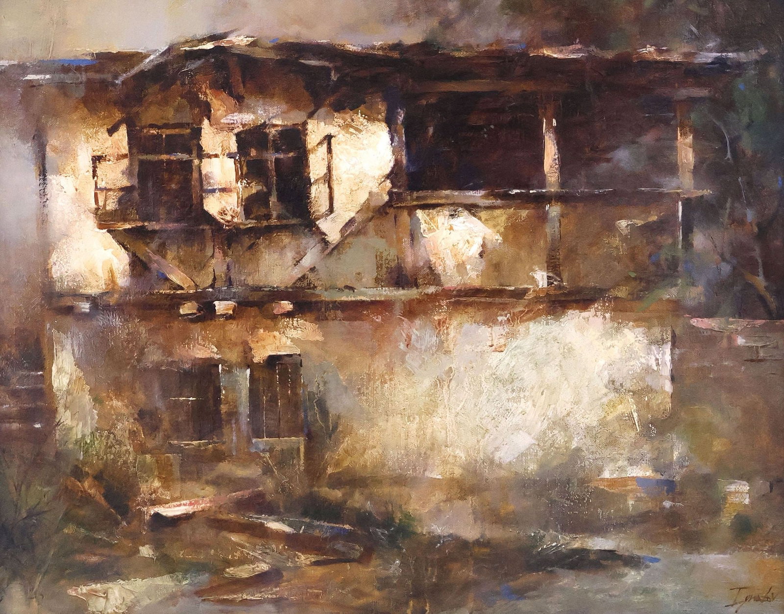IGNAT IGNATOV (B.1978) ABSTRACT ARCHITECTURAL PAINTING, 'OLD HOUSE': Framed oil on canvas painting, "Old House," signed lower right Ignatov (Ignat Ignatov, Bulgarian, California, b.1978), titled with artist label verso, sight: approx 15.25"h, 19.25"w, overall: approx 2