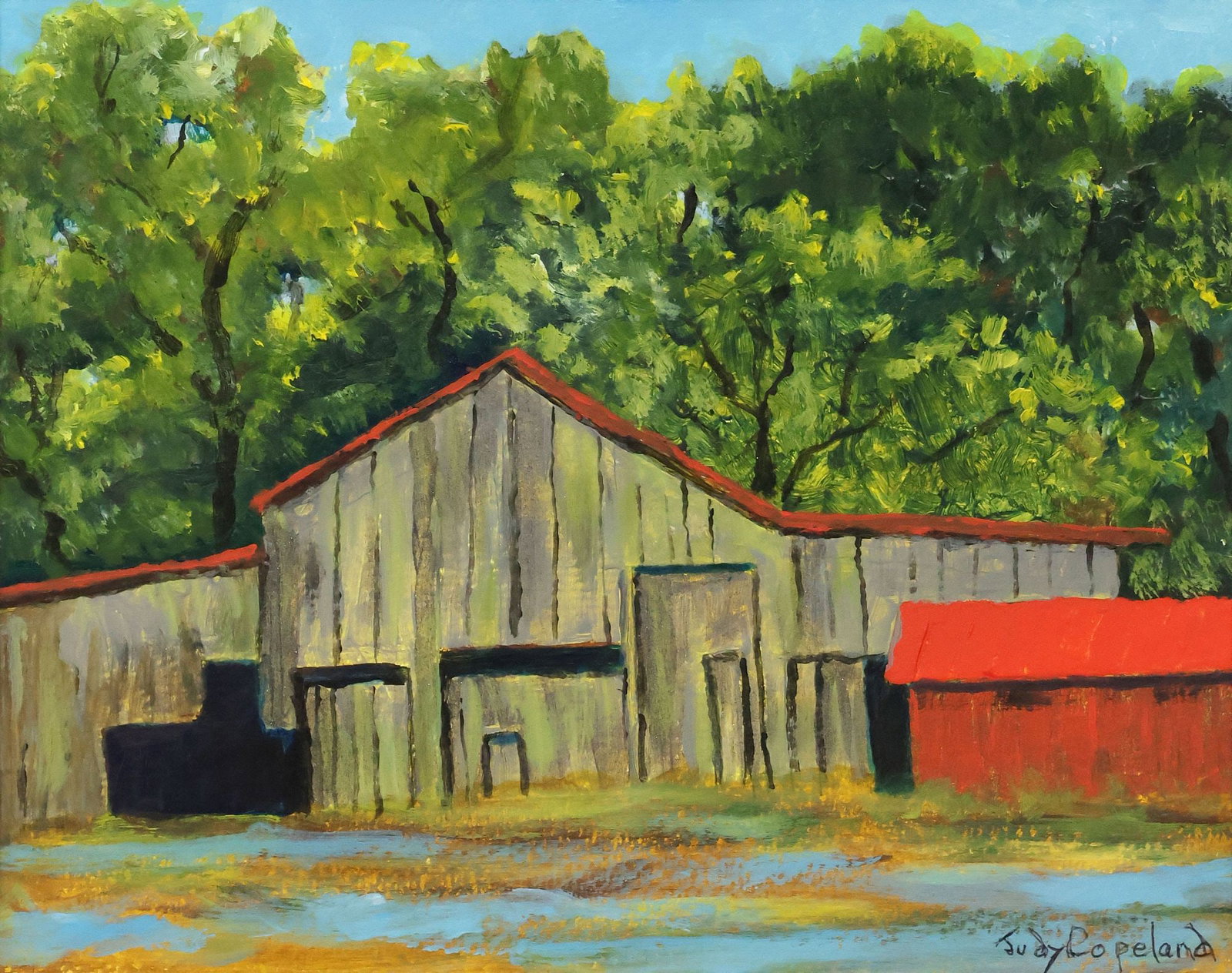 JUDY COPELAND (B.1943) ACRYLIC PAINTING, 'BARN WITH RED SHED' (1 of 5)