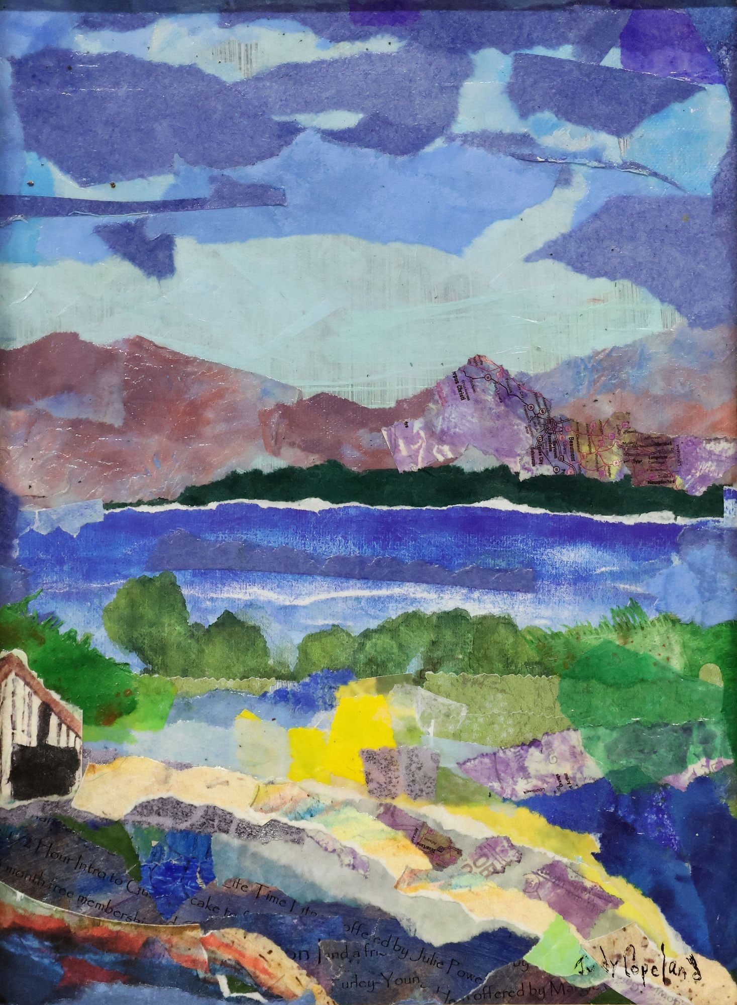 JUDY COPELAND (B.1943) MIXED MEDIA COLLAGE, 'HILL COUNTRY BARN': Framed mixed-media collage on hand-painted paper, "Hill Country Barn," signed Judy Copeland (Louisiana, Texas, b.1943), titled on artist's label verso, sight: approx 11.25"h, 8.25"w, overall: approx 1