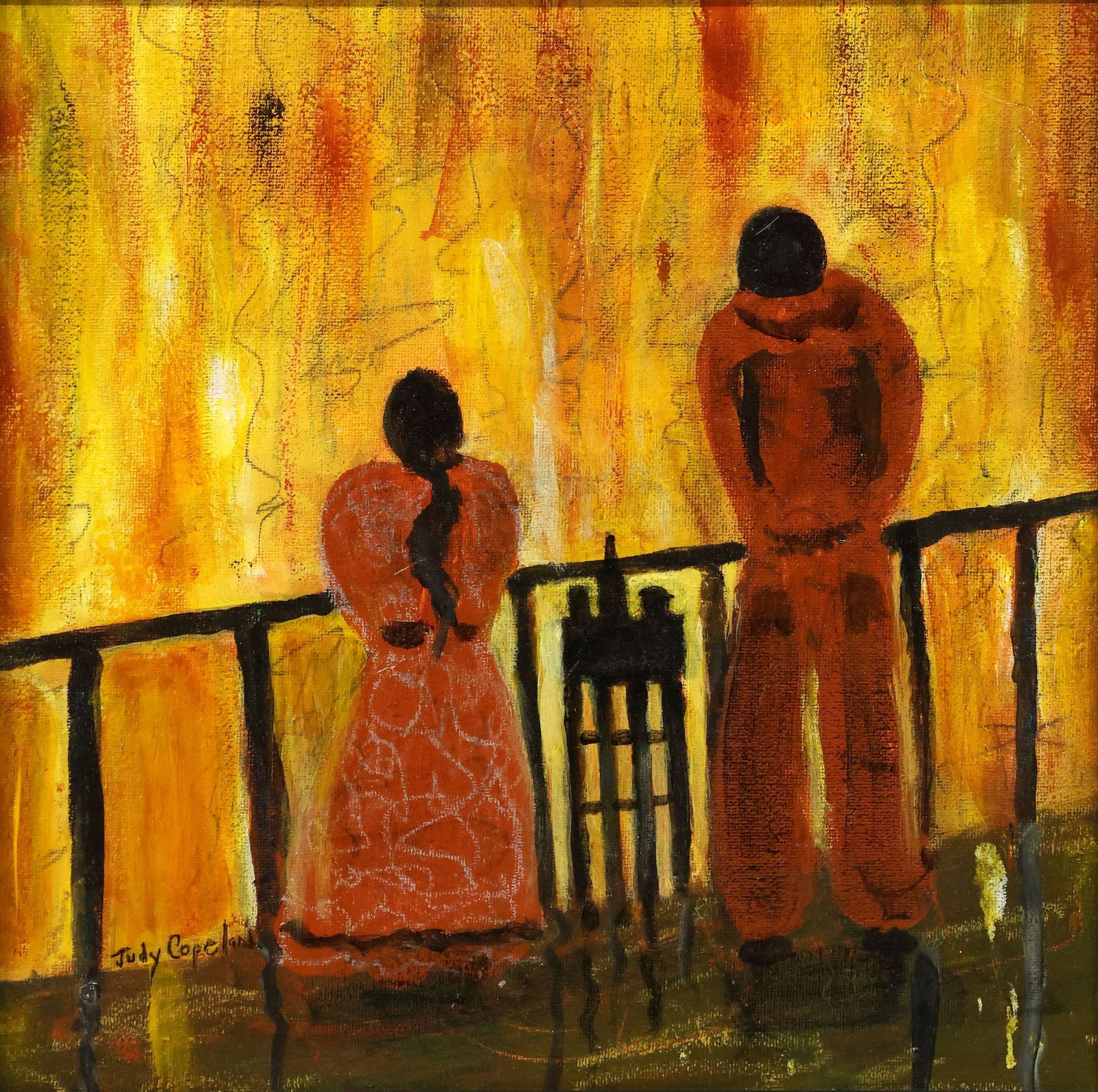 JUDY COPELAND (B.1943) ACRYLIC PAINTING, 'WAITING TO DANCE' (1 of 5)