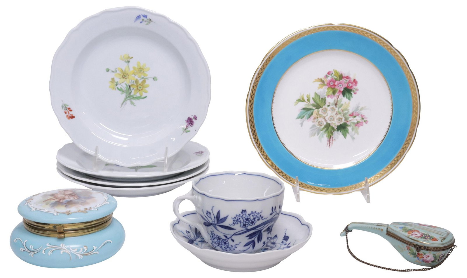 (9) COLLECTION OF CABINET & TABLE ITEMS, MEISSEN, MINTON, OPALINE, ETC.: (lot of 9) Collection of porcelain and opaline cabinet and table items, including: (1) Minton cabinet plate, gilt trim in a raised laurel leaf motif, turquoise blue border, centering a floral spray wi