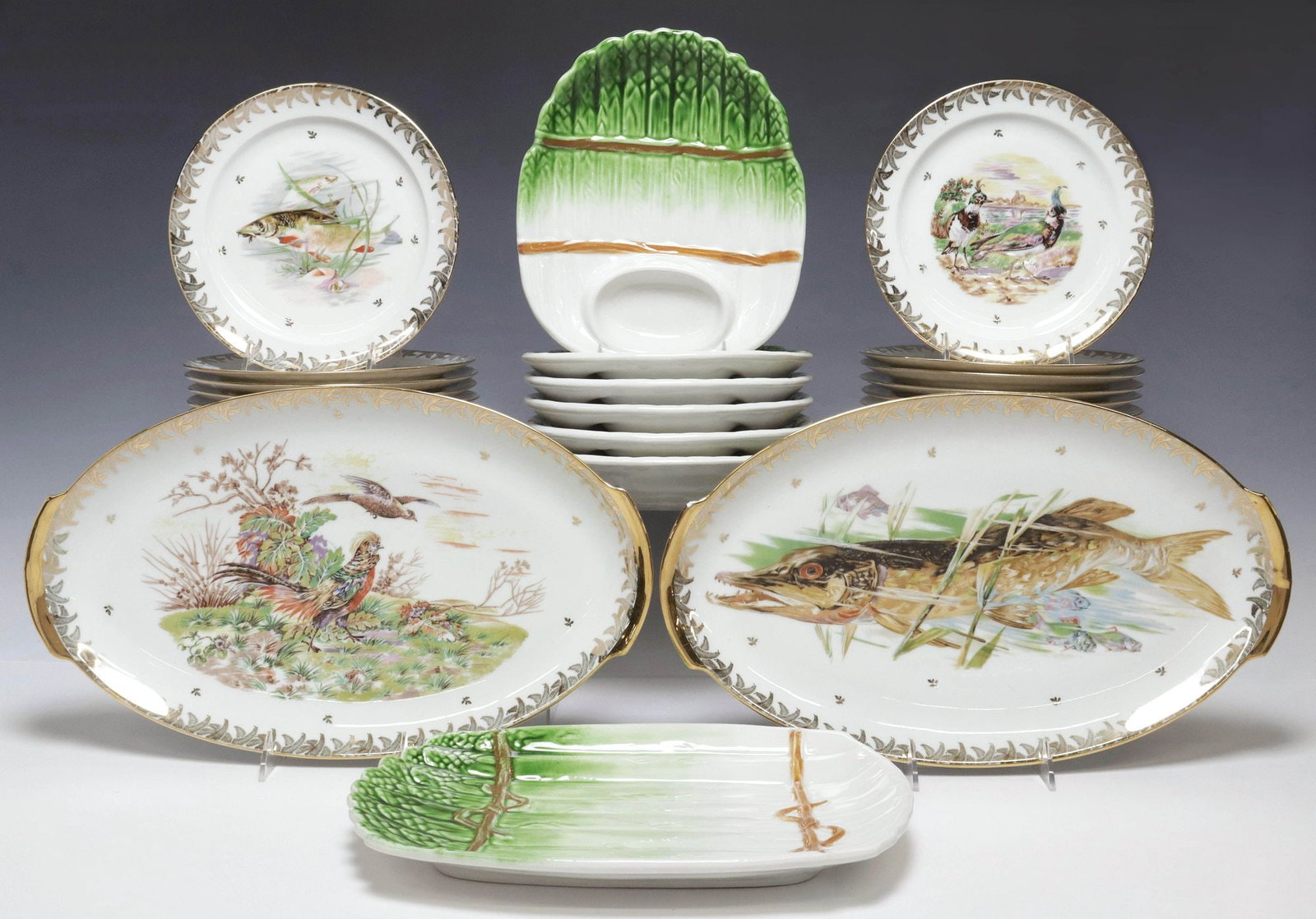 (33) FRENCH PAULHAT LUCE PORCELAIN FISH & GAME SERVICE, FAIENCE ASPARAGUS SET (1 of 7)