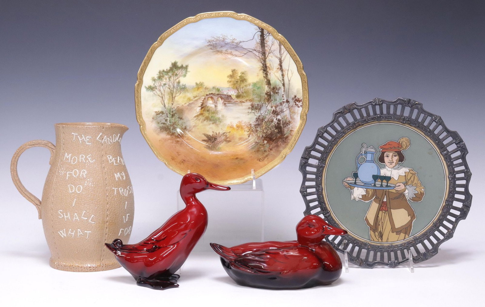 (5) LAMBETH PUZZLE JUG, ROYAL DOULTON FLAMBE DUCKS, PLATE & METTLACH PLAQUE (1 of 8)