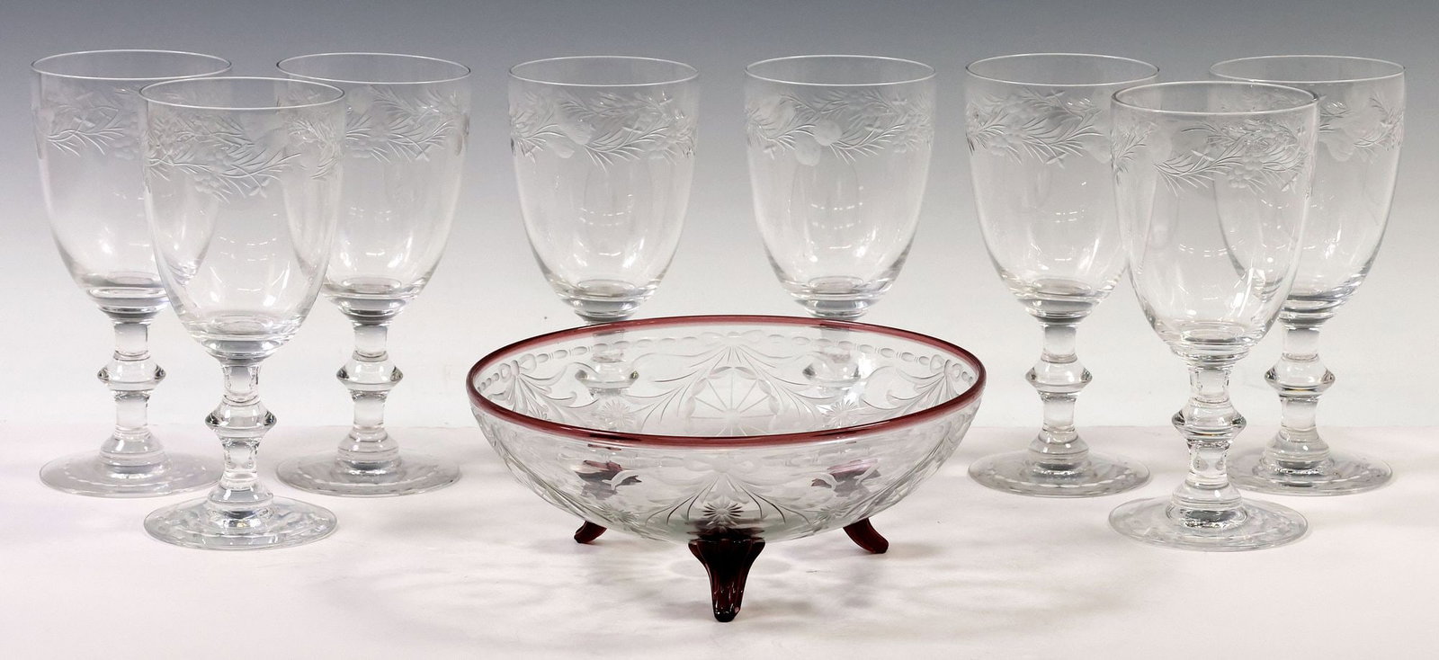 (9) HAWKES 'FRUITS BORDER' CRYSTAL WATER GOBLETS & ENGRAVED FOOTED BOWL (1 of 5)